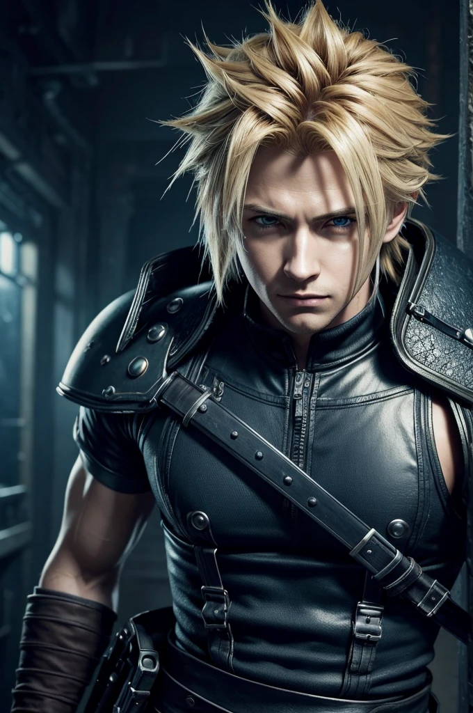 1 man, Cloud Strife from Final Fantasy VII, extremely detailed face and body, highly detailed hair, intricate facial features, piercing blue eyes, defined musculature, military uniform, Buster Sword, dramatic lighting, cinematic angle, realistic, photorealistic, 8k, high resolution, hyperdetailed, masterpiece