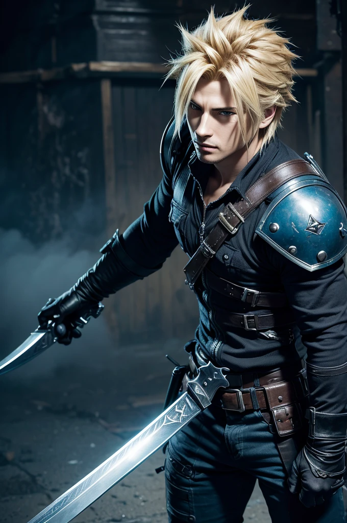 1 man, Cloud Strife from Final Fantasy VII, extremely detailed face and body, highly detailed hair, intricate facial features, piercing blue eyes, defined musculature, military uniform, Buster Sword, dramatic lighting, cinematic angle, realistic, photorealistic, 8k, high resolution, hyperdetailed, masterpiece