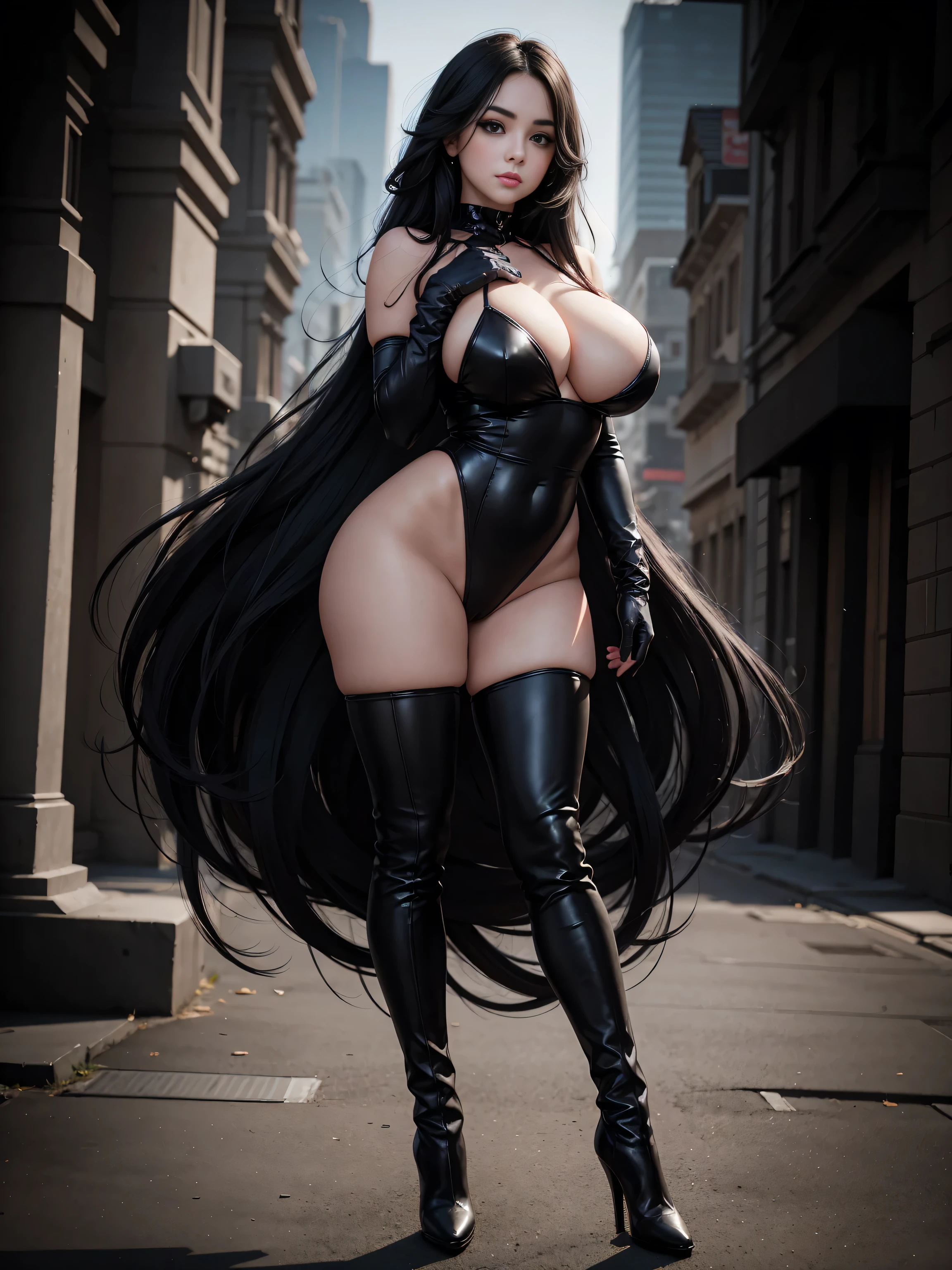 Full body, beautiful black eyes, blush, cute face, (1 cute woman, solo: 1.1), lips, gigantic breasts, beautiful background, long black hair, black dress, black elbow gloves, black high heel boots, naked shoulders