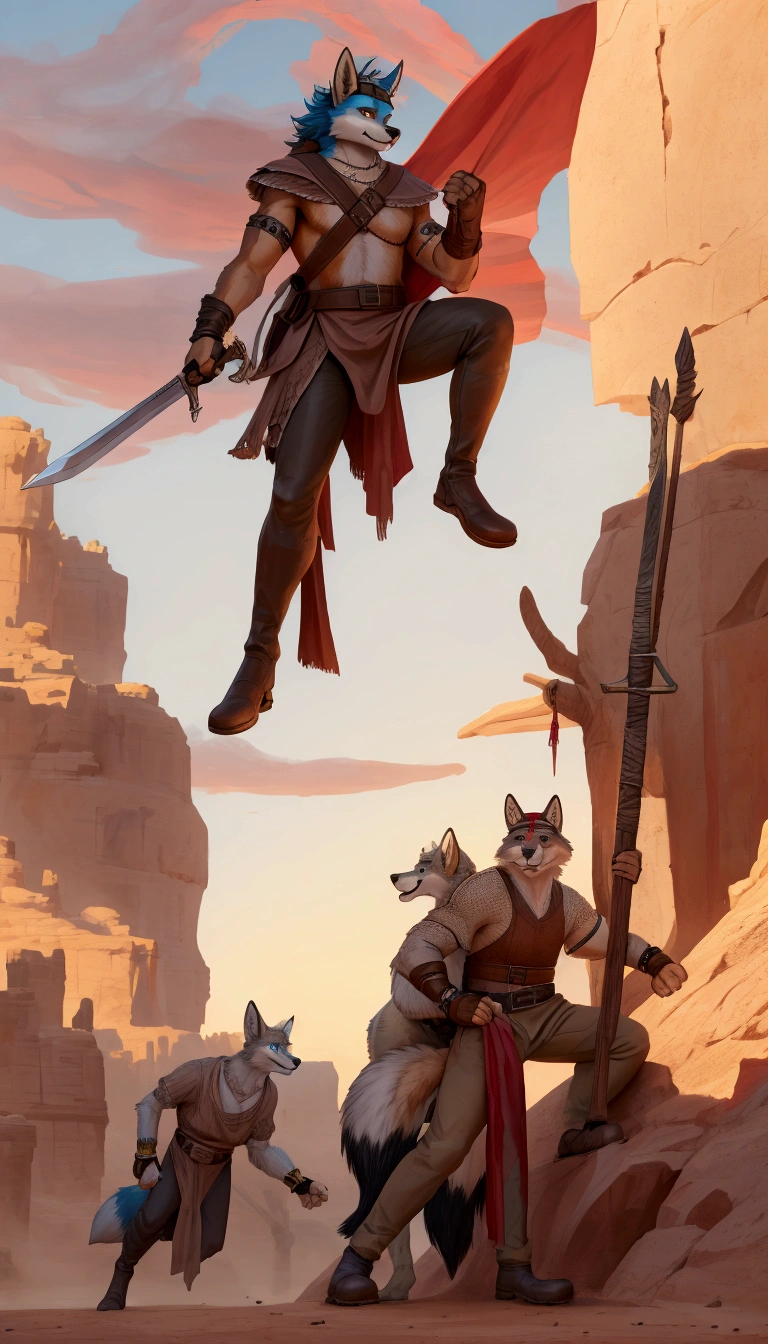 Handsome young anthro furry desert coyote fox male, desert ancient times mercenary solider-assasin murderer, handsome model look gay apperance, handsome muscules, tall, handsome muzzle, handsome shag headband, ruffled old stained tunic with very short sleeves, The glint of his short-sleeved chainmail, exposed beneath the loose-fitting tunic traditionally worn by desert dwellers, caught the dim light. Leather straps crisscrossed over the chainmail, securing various pouches and a sturdy beltyawning pants tied with old leather boots on anthro foot, on the tunic old leather harness with scanty rusty breastplate with armlet, old leather bracers, fingerless gloves, old worn out clothing, old worn out armament, sword scars, desert ancient village street, hot climate, ancient desert times, playfull dirty smile, standing on the shadow street, proffesional digital furry drawing art