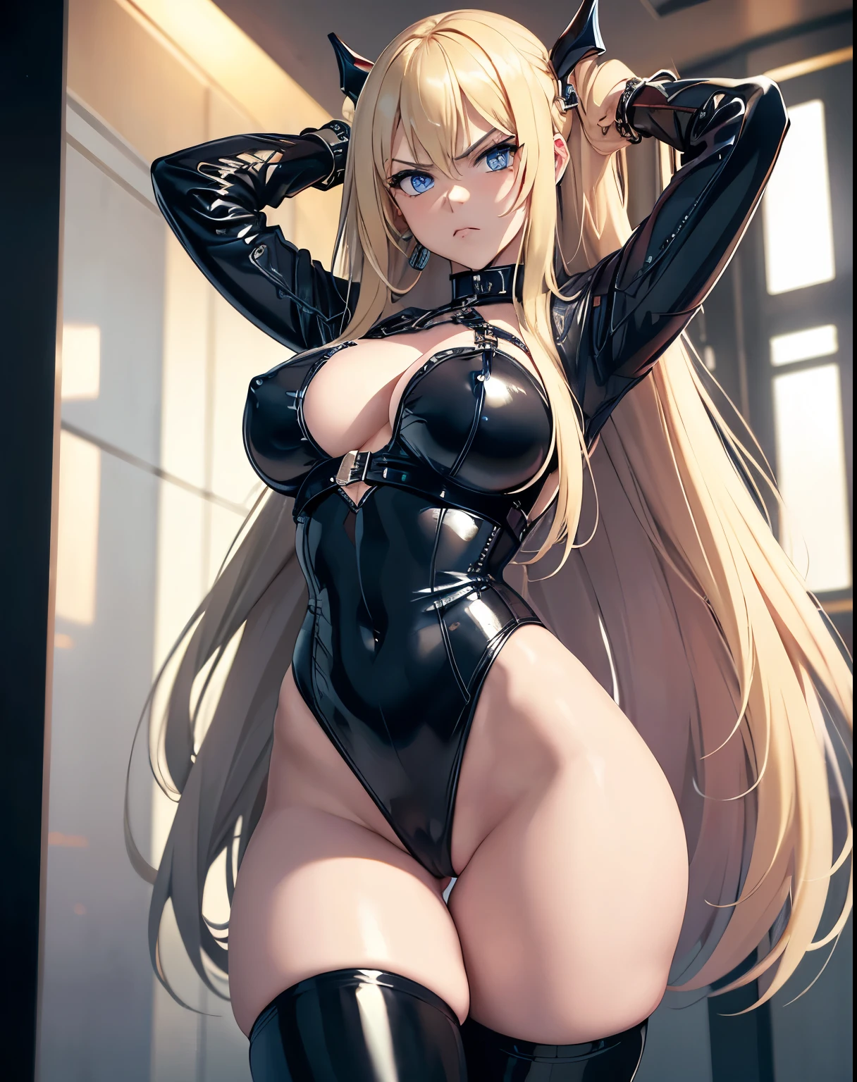 1girl, (Blue Eyes), (angry face :1.2), (Sana Minatozaki), wide hips, futanari, penis, precum, bulge, Big , big ass, (thin waist: 1.2), (thick and toned thighs), (Best Quality, 8k, Masterpiece: 1.3), Clear Focus: 1.2, Perfect Body Beauty: 1.4, strong abs, Highly detailed face and skin texture, detailed eyes, double eyelids, (blond long hair :1.2), topples, nsfw, latex clothing, black latex leotard, harness, chains, (dominatrix :1.2), showing , standing, dynamic pose, in a hotel room