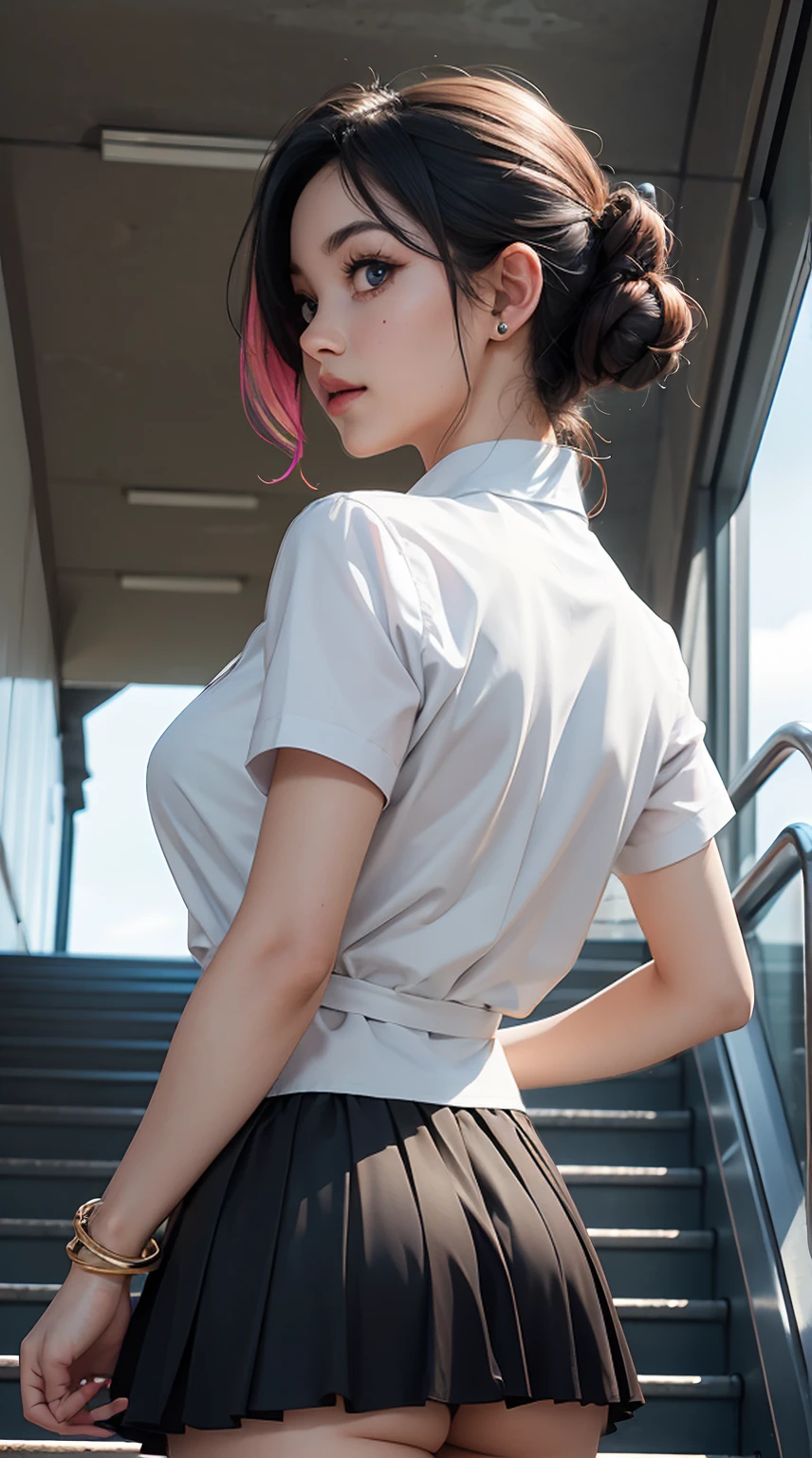 Mitsuri, bangs, Hair Between Eyes, Multicolored Hair, Hair Tie, Lipstick, Girls, kogal, Makeup, BREAK Skirt, Shirt, Jewelry, , clavicle, White shirt, Pleated skirt, Collared shirt, Mini skirt, Bracelet, black skirt, Naughty big、big full breasts、BREAK looking at the viewer, Full body, BREAK (masutepiece:1.2), Best quality, High definition, Unity 8k wallpapers , (Illustration: 0.8), (Beautiful detailed eyes: 1.6), extremely detailed face, Perfect lighting, extremely detailed CG, (Perfect hands, Perfect anatomy), Open mouth smile、Stand on the escalator, (Up) escalator), ( lower body shot), Focus on hips, (shot from below: 1.3), (back view: 1.3)、 (black panties: 1.3)、(Rolling skirt: 1.3)、(Fully exposed panties: 1.5), outdoor、 outside the house