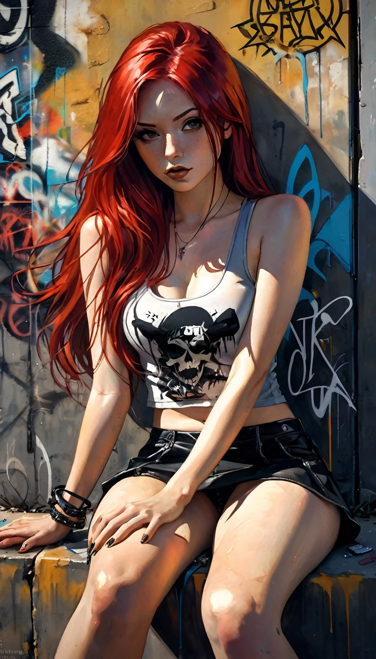 girl with long red hair, very sexy, punk look, sitting in the street, miniskirt, open legs, erotism, sexy, tank top, side breasts, open legs we see her panties, abandoned neighborhood full of graffiti,between shadows, oil painting, chiaroscuro, sensual, dramatic lighting, moody atmosphere, dark and brooding, expressionistic, powerful composition, emotional impact, Bill Sienkiewicz inspired art