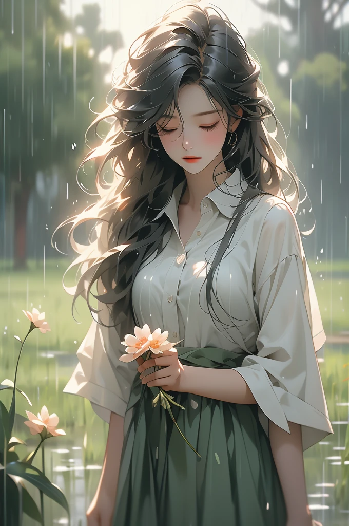 girl with long white hair holding flower and standing in wet grass in park with rain falling, 1girl, solo, long hair, jewelry, closed eyes, flower, black hair, rain, artist name, holding, shirt, holding flower