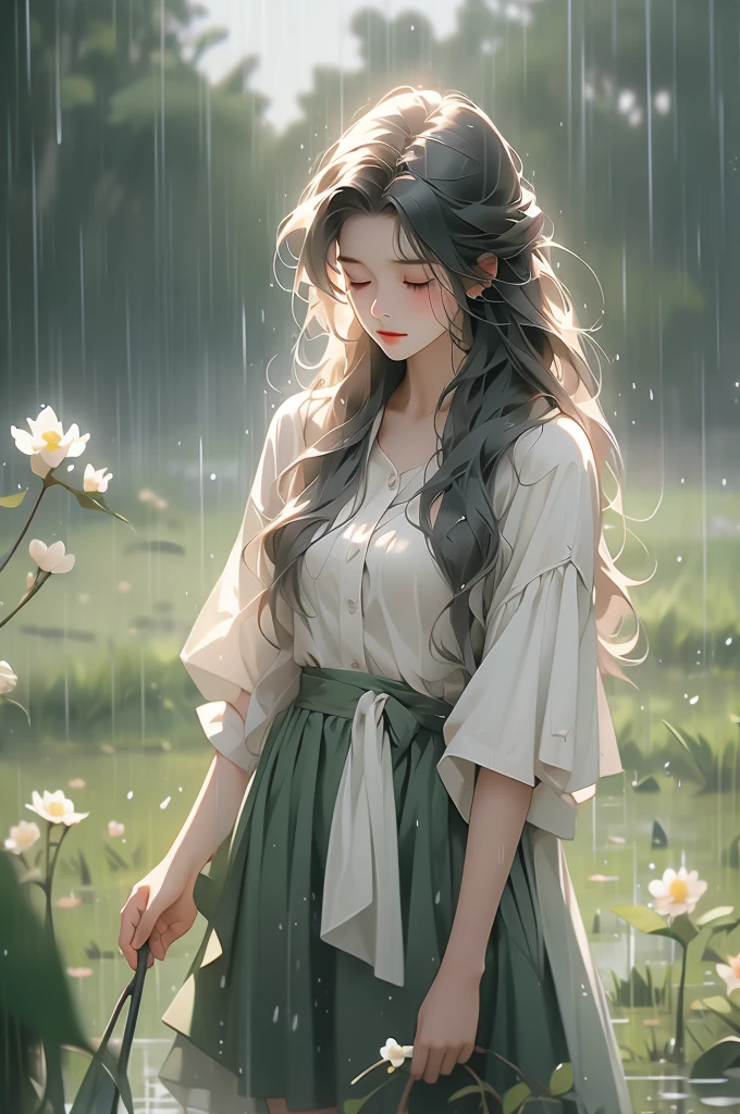 girl with long white hair holding flower and standing in wet grass in park with rain falling, 1girl, solo, long hair, jewelry, closed eyes, flower, black hair, rain, artist name, holding, shirt, holding flower
