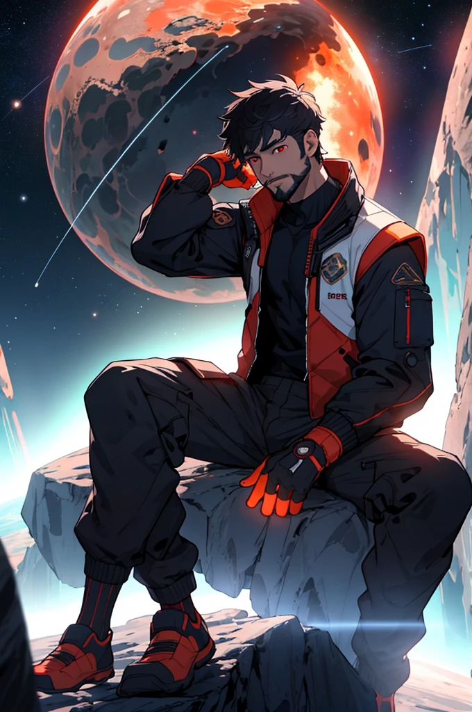 Drawing a young programmer, Sitting on a floating research platform in the middle of an asteroid belt, Surrounded by several asteroids that emit a fiery aura. Dramatic light from distant stars and planets illuminates the scene, Cast a deep shadow on the suit. Young people seem confident and determined, Gaze with wonder and reverence at the vast and mysterious universe,Facial hair, One girl, chest, Red eyes, 
