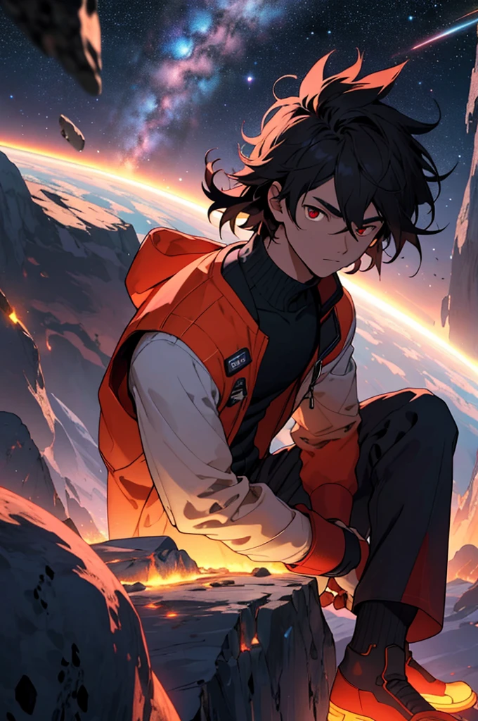 Drawing a young programmer, Sitting on a floating research platform in the middle of an asteroid belt, Surrounded by several asteroids that emit a fiery aura. Dramatic light from distant stars and planets illuminates the scene, Cast a deep shadow on the suit. Young people seem confident and determined, Gaze with wonder and reverence at the vast and mysterious universe,Facial hair, One girl, chest, Red eyes, 