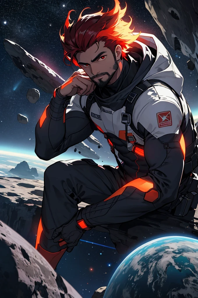 Drawing a young programmer, Sitting on a floating research platform in the middle of an asteroid belt, Surrounded by several asteroids that emit a fiery aura. Dramatic light from distant stars and planets illuminates the scene, Cast a deep shadow on the suit. Young people seem confident and determined, Gaze with wonder and reverence at the vast and mysterious universe,Facial hair, One girl, chest, Red eyes,