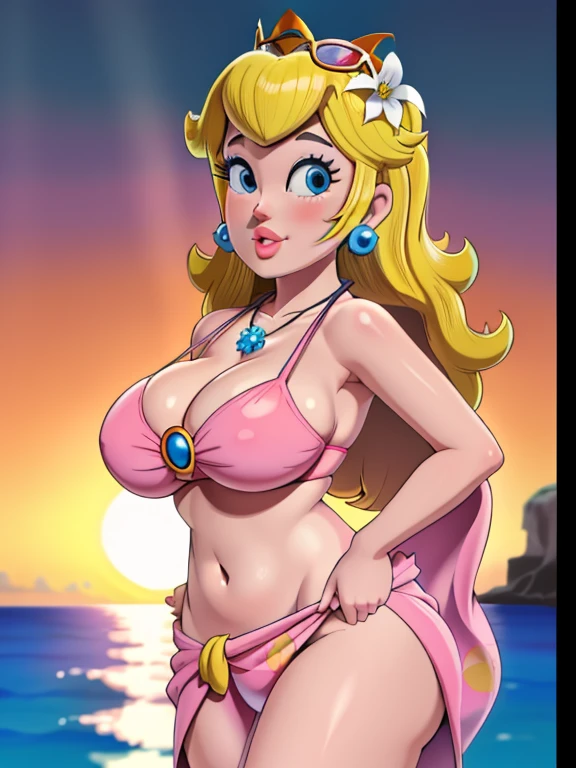 masterpiece, best quality, 4k, high res, detailed, detailed background, beautiful blue eyes, CARTOON, ANIME, CARTOON ARTSTYLE, detailed face, highest quality, 1girl, solo, long hair, looking at viewer, blue eyes, blonde hair, hair ornament, navel, jewelry, swimsuit, flower, bikini, earrings, outdoors, necklace, lips, eyelashes, ocean, beach, sunglasses, eyewear on head, sunset, sarong, flower necklace, princess peach, huge breasts, thick thighs, cinematic lighting, sunset, hands on hips, puckered lips