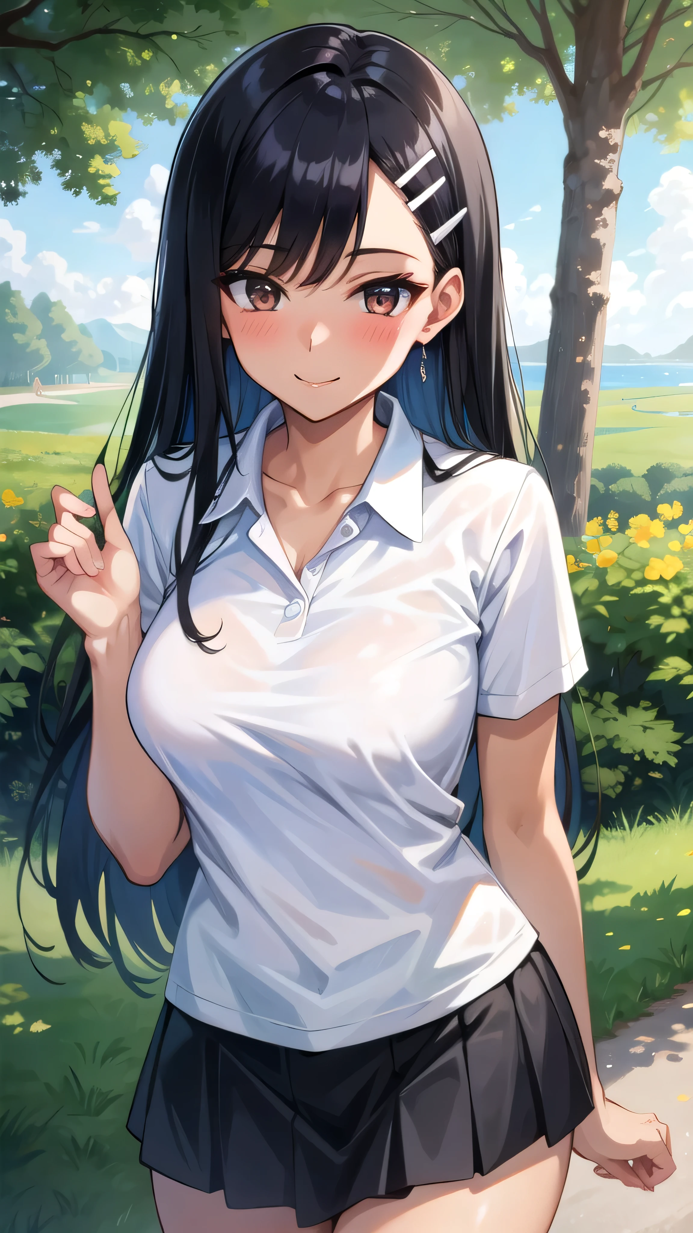 (4K,masterpiece,best quality,ultra detailed),(from front,cowboy shot:),(daytime,daylight),(tight golf wear,micro mini pleated skirt :1.3),(panty shot),(golf course),looking viewer,(beautiful women), japanese,(long hair,silky hair,black hair),(beautiful detailed face,beautiful detailed eyes,finely detailed skin,beautiful medium breast,beautiful hips,fair skin),slender,light smile,