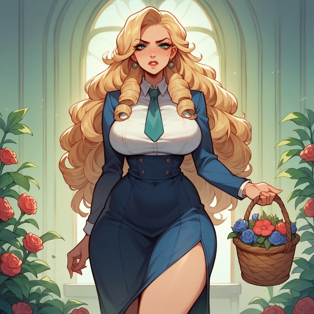 Beautiful woman 25 years old, not very high, long curly light blonde hair, Thin waist, big tits, well-shaped and large hips. She wears a secretary uniform with a tie, she is very upset, a basket of flowers is in her folder
