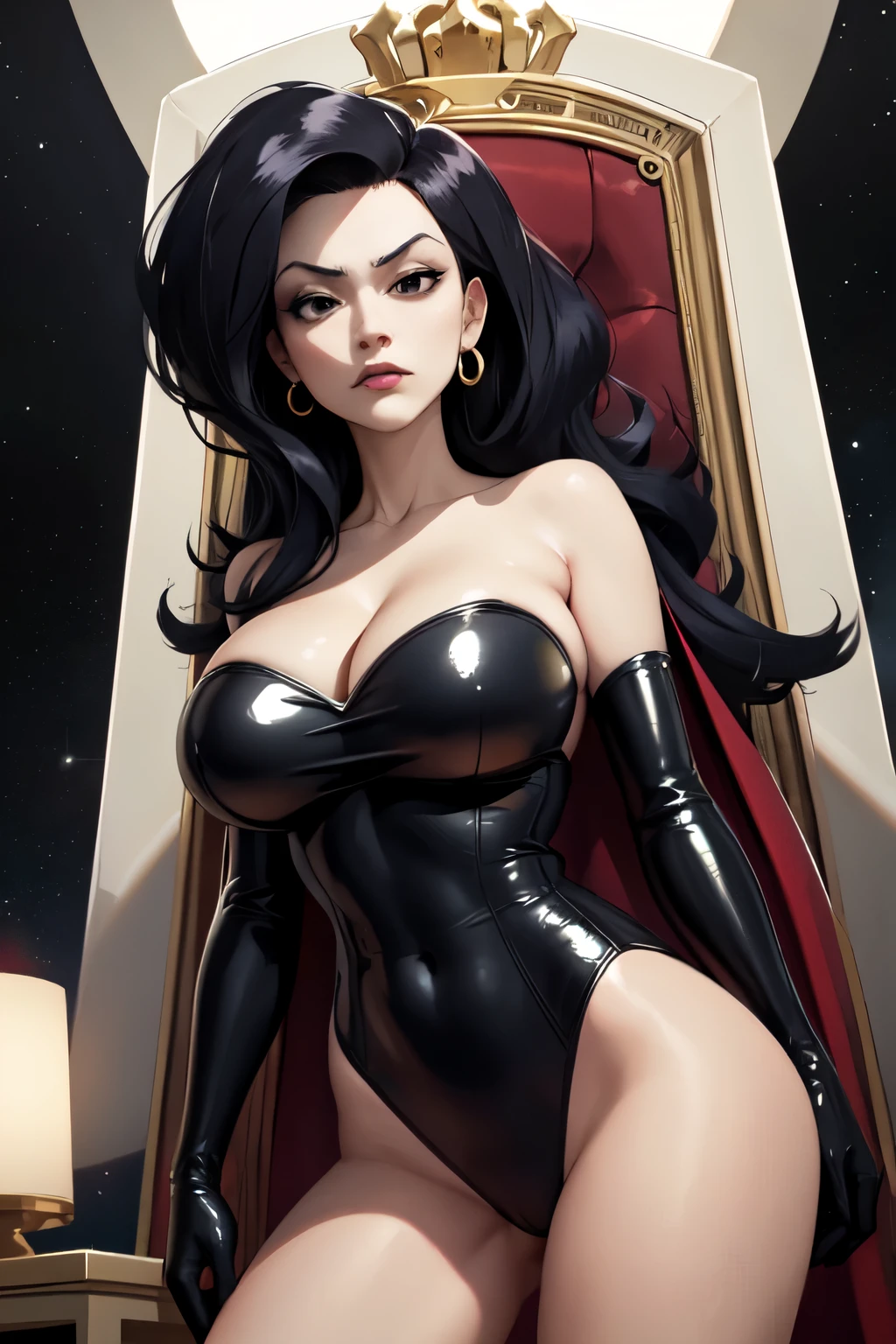 masterpiece, best quality, darkqueen, black eyes, earrings, cape, collarbone, leotard, elbow gloves, cleavage, huge breasts, cowboy shot, from below, furrowed brow, serious, space, indoors, throne
