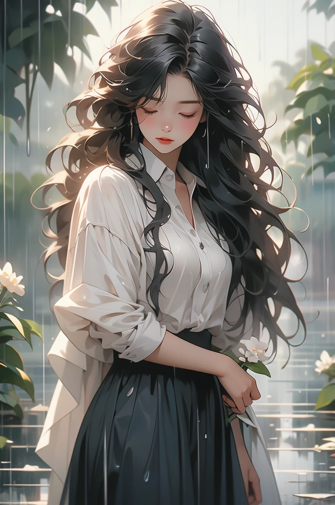 a woman standing outside in the rain holding a flower above her head, 1girl, solo, long hair, jewelry, closed eyes, flower, black hair, rain, artist name, holding, shirt, holding flower
