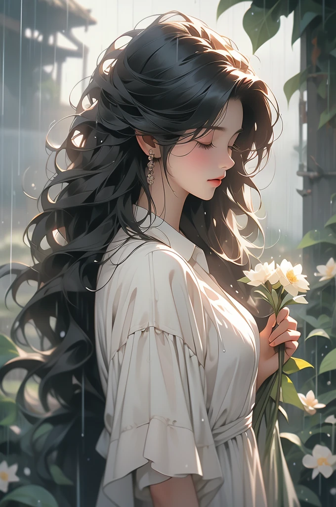 a woman standing outside in the rain holding a flower above her head, 1girl, solo, long hair, jewelry, closed eyes, flower, black hair, rain, artist name, holding, shirt, holding flower