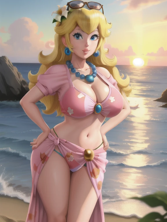 masterpiece, best quality, 4k, high res, detailed, detailed background, beautiful blue eyes, CARTOON, ANIME, CARTOON ARTSTYLE, detailed face, highest quality, 1girl, solo, long hair, looking at viewer, blue eyes, blonde hair, hair ornament, navel, jewelry, swimsuit, flower, bikini, earrings, outdoors, necklace, lips, eyelashes, ocean, beach, sunglasses, eyewear on head, sunset, sarong, flower necklace, princess peach, huge breasts, thick thighs, cinematic lighting, sunset, hands on hips, puckered lips