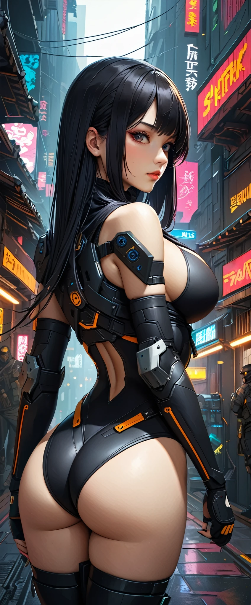 (Beautiful mercenary girl: 1.5), (Ninja girl: 1.3), beautiful girl, pretty face, Sexy girl, young, 20 years old, black hair, oriental, (ninja mask: 1.3), long hair, straight hair, big breasts, Very thin waist, wide hips, (she is wearing a black leotard), cyber armor, cyber ninja, (butt: 1.2), back view, from behind, looking from behind, (cowboy shot), cyberpunk, best quality, artwork, ultra-realistic, Ultra -detailed, 8K