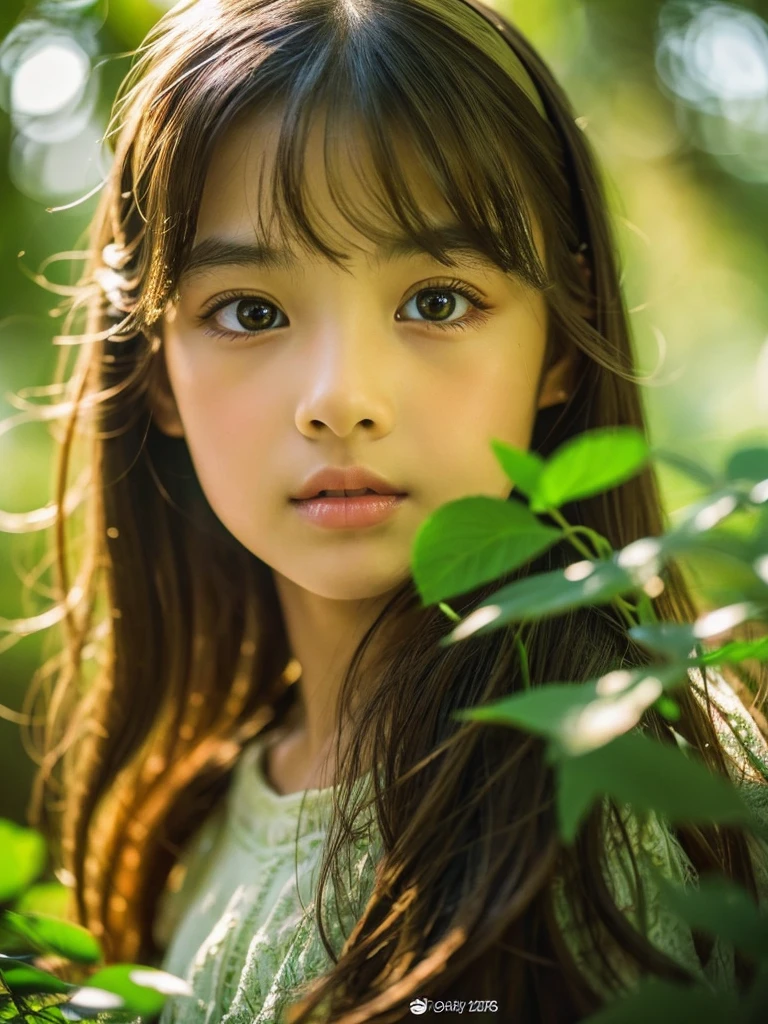 a 7 year old asian girl in a forest, beautiful detailed eyes, beautiful detailed lips, extremely detailed eyes and face, long eyelashes, detailed realistic portrait, cinematic lighting, warm color tones, vibrant colors, intricate details, lush foliage, mossy rocks, sunbeams through the trees, serene atmosphere, photorealistic, 8k, best quality, masterpiece