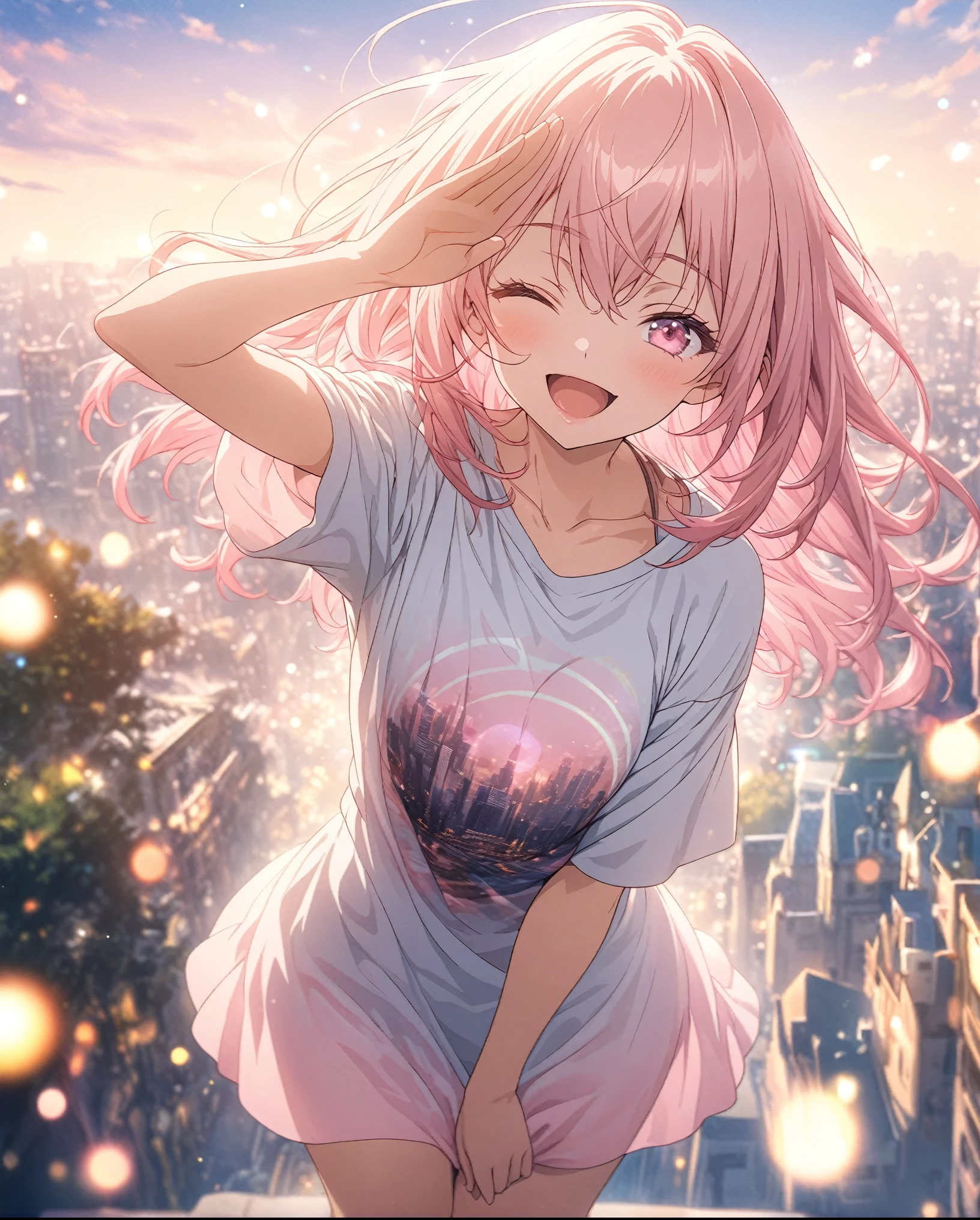 masterpiece, Highest quality, Highly detailed CG Unity 8K wallpapers, High  Girl Anime Illustration, An oversized t-shirt that reaches up to the knees、salute、she has her eyes closed and mouth open, smile. The background is a realistic city, Pink Hair Color, Pink Eyes, Pink eyelashes, Cowboy Shot, morning, bokeh photography, (soft focus):1.2, out-of-focus highlights, dreamy ambiance, glowing circles, mesmerizing depth