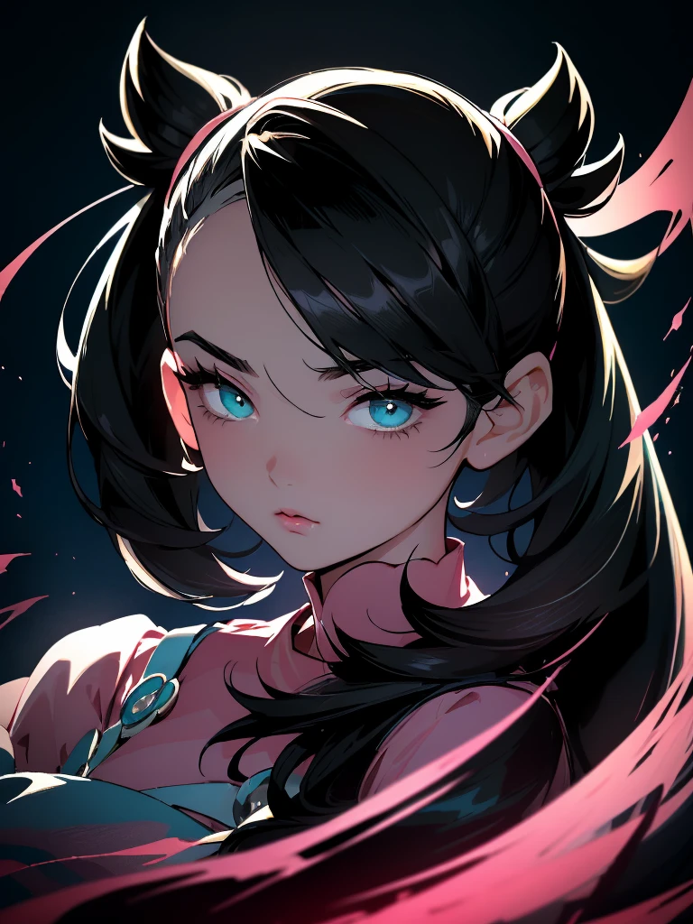 An exquisite masterpiece of top quality and high resolution featuring Marnie. Big sleepy eyes, Aqua eyes、Glowing under the dim light. black hair, much hair, Hair with volume, messy hair, only head and shoulders, magazine style, pink top, russian woman, adult woman, looking at the viewer, frontal, hyperrealistic.