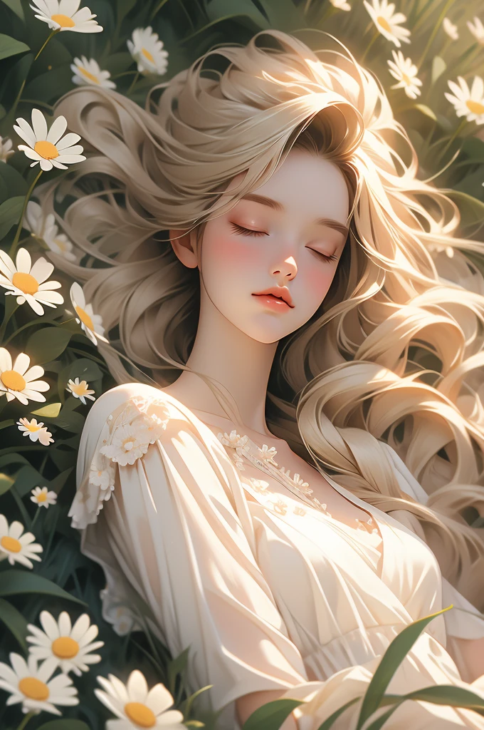 a young woman lying in the middle of a field of daisies, 1girl, flower, long hair, solo, closed eyes, blonde hair, dress, lying, white flower, dappled sunlight, braid, on back, sleeping, daisy, realistic