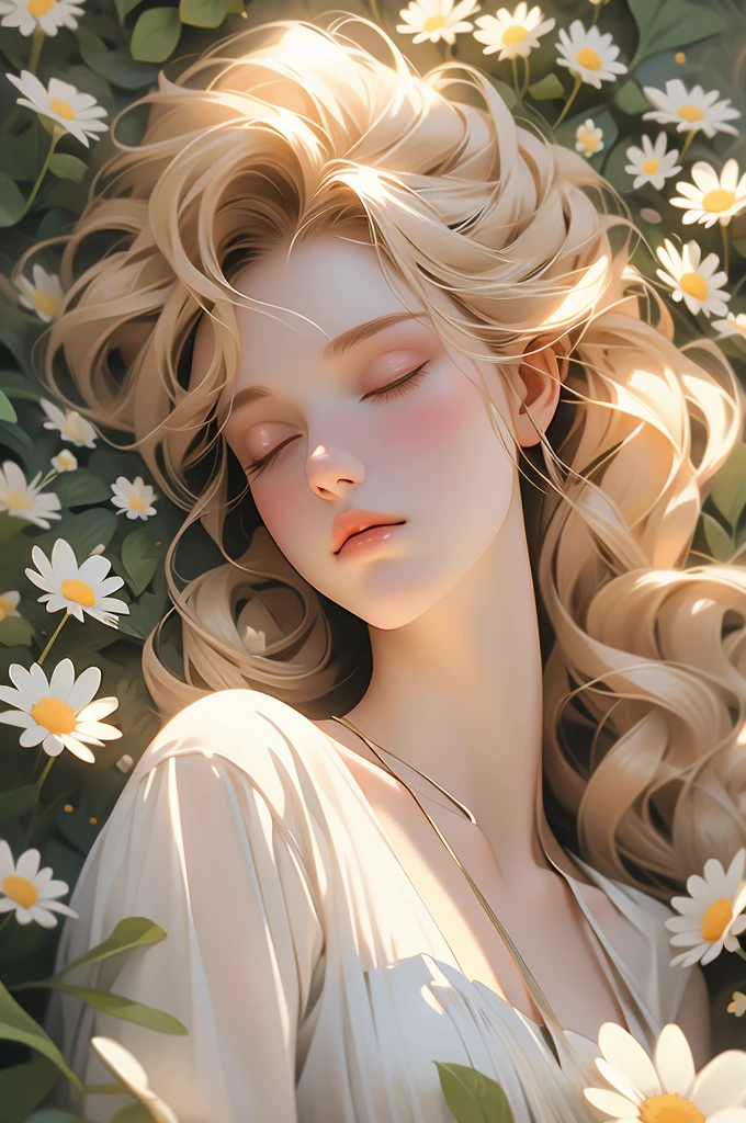 a beautiful sleeping blond woman surrounded by daisies and sunshine outside, 1girl, flower, long hair, solo, closed eyes, blonde hair, dress, lying, white flower, dappled sunlight, braid, on back, sleeping, daisy, realistic