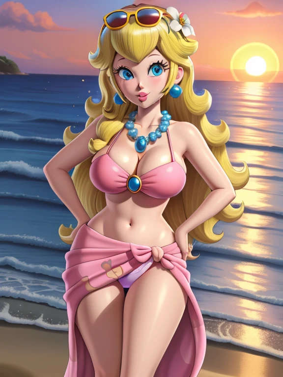 masterpiece, best quality, 4k, high res, detailed, detailed background, beautiful blue eyes, CARTOON, ANIME, CARTOON ARTSTYLE, detailed face, highest quality, 1girl, solo, long hair, looking at viewer, blue eyes, blonde hair, hair ornament, navel, jewelry, swimsuit, flower, bikini, earrings, outdoors, necklace, lips, eyelashes, ocean, beach, sunglasses, eyewear on head, sunset, sarong, flower necklace, princess peach, huge breasts, thick thighs, cinematic lighting, sunset, hands on hips, puckered lips
