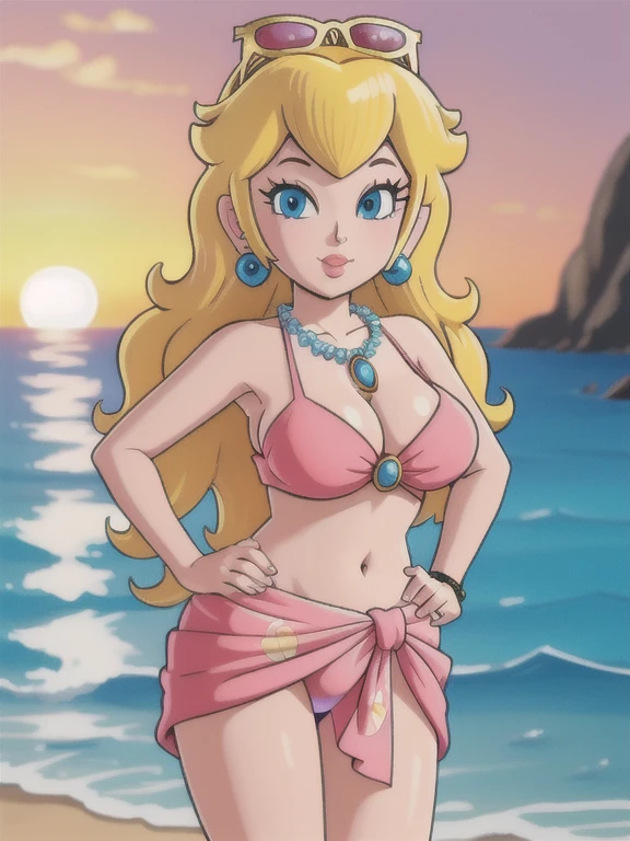 masterpiece, best quality, 4k, high res, detailed, detailed background, beautiful blue eyes, CARTOON, ANIME, CARTOON ARTSTYLE, detailed face, highest quality, 1girl, solo, long hair, looking at viewer, blue eyes, blonde hair, hair ornament, navel, jewelry, swimsuit, flower, bikini, earrings, outdoors, necklace, lips, eyelashes, ocean, beach, sunglasses, eyewear on head, sunset, sarong, flower necklace, princess peach, huge breasts, thick thighs, cinematic lighting, sunset, hands on hips, puckered lips