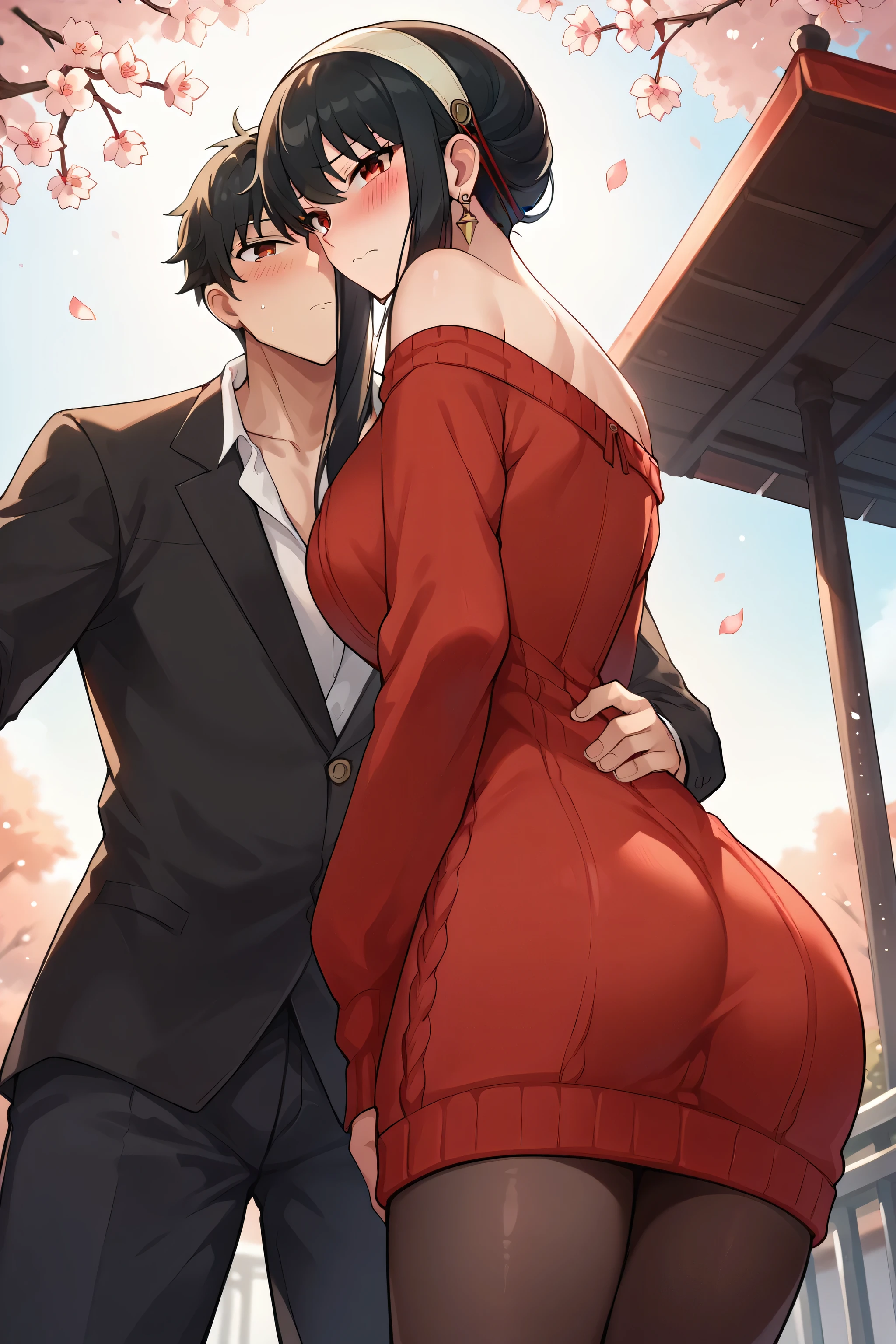 score_9, score_8_up, score_7_up, source_anime,yor briar, ass, ass kiss by boy in aggressive way, black hair, red eyes, earrings, white hairband, hairband, long hair, sidelocks, bare shoulders, collarbone, looking at the viewer, cute, dress, long sleeves, off shoulder, off-shoulder dress, off-shoulder sweater, pantyhose, red sweater, sweater, sweater dress, thighs, bent over, from below, from behind, butt, embarrassed, outside, cherry blossoms, looking at viewer, seductive, blush,
