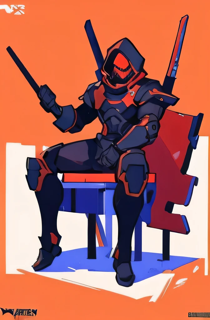 arafed man sitting on a stool with a red tie and a hoodie, clothed in stealth armor, full body concept, black and red armor, cartoon artstyle, in a dark mercenary outfit, jett from valorant, wearing techwear clothing and armor, black and reddish color armor, wearing mass effect armor, sitting on a curve, cartoon line art, thick lines, 4k poster, art, character contcept