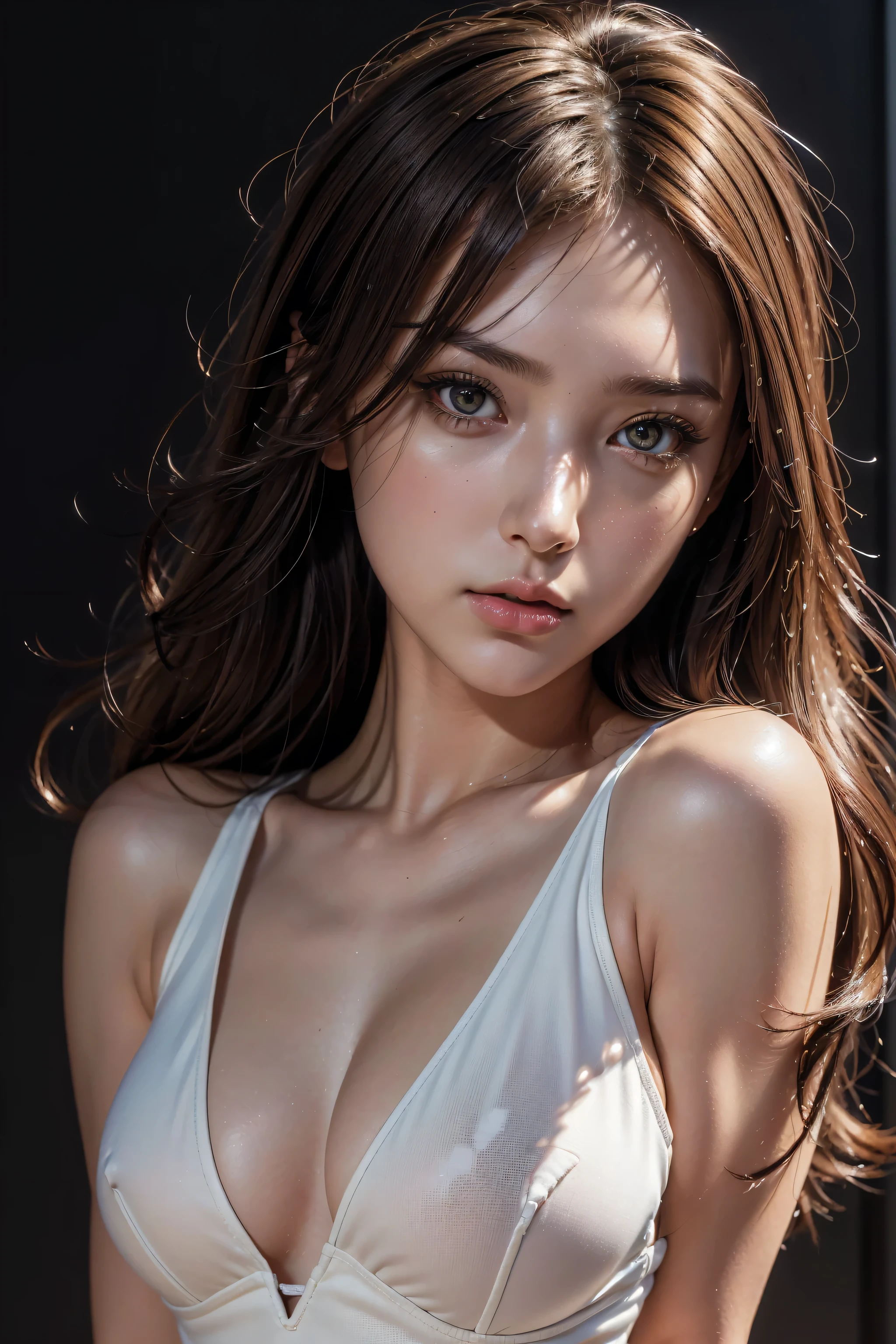 (photorealistic Realism 16K Quality), (ultra-fine digital art), (realistic proportional body, anatomically correct:1.3), beautiful girl, in highleg leotard, ((Half Body Portrait)), ((realistic sharp real human eyes)), perfect round eyes, (finely detailed pupils:1.3), Cinematic Light, detailed facial features,Sharp focus, Smooth, beautiful, (dark_shot:1.2)