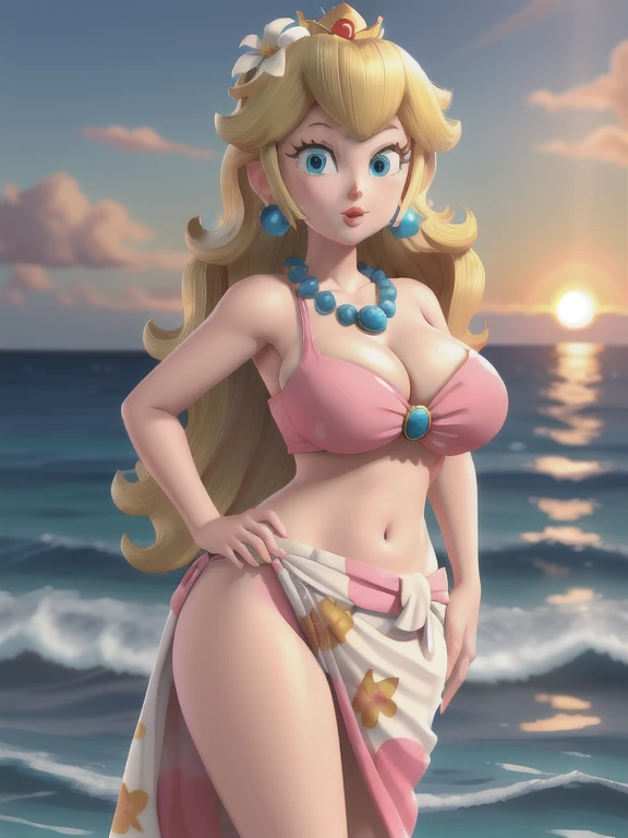 masterpiece, best quality, 4k, high res, detailed, detailed background, beautiful blue eyes, CARTOON, ANIME, CARTOON ARTSTYLE, detailed face, highest quality, 1girl, solo, long hair, looking at viewer, blue eyes, blonde hair, hair ornament, navel, jewelry, swimsuit, flower, bikini, earrings, outdoors, necklace, lips, eyelashes, ocean, beach, sunglasses, eyewear on head, sunset, sarong, flower necklace, princess peach, huge breasts, thick thighs, cinematic lighting, sunset, hands on hips, puckered lips