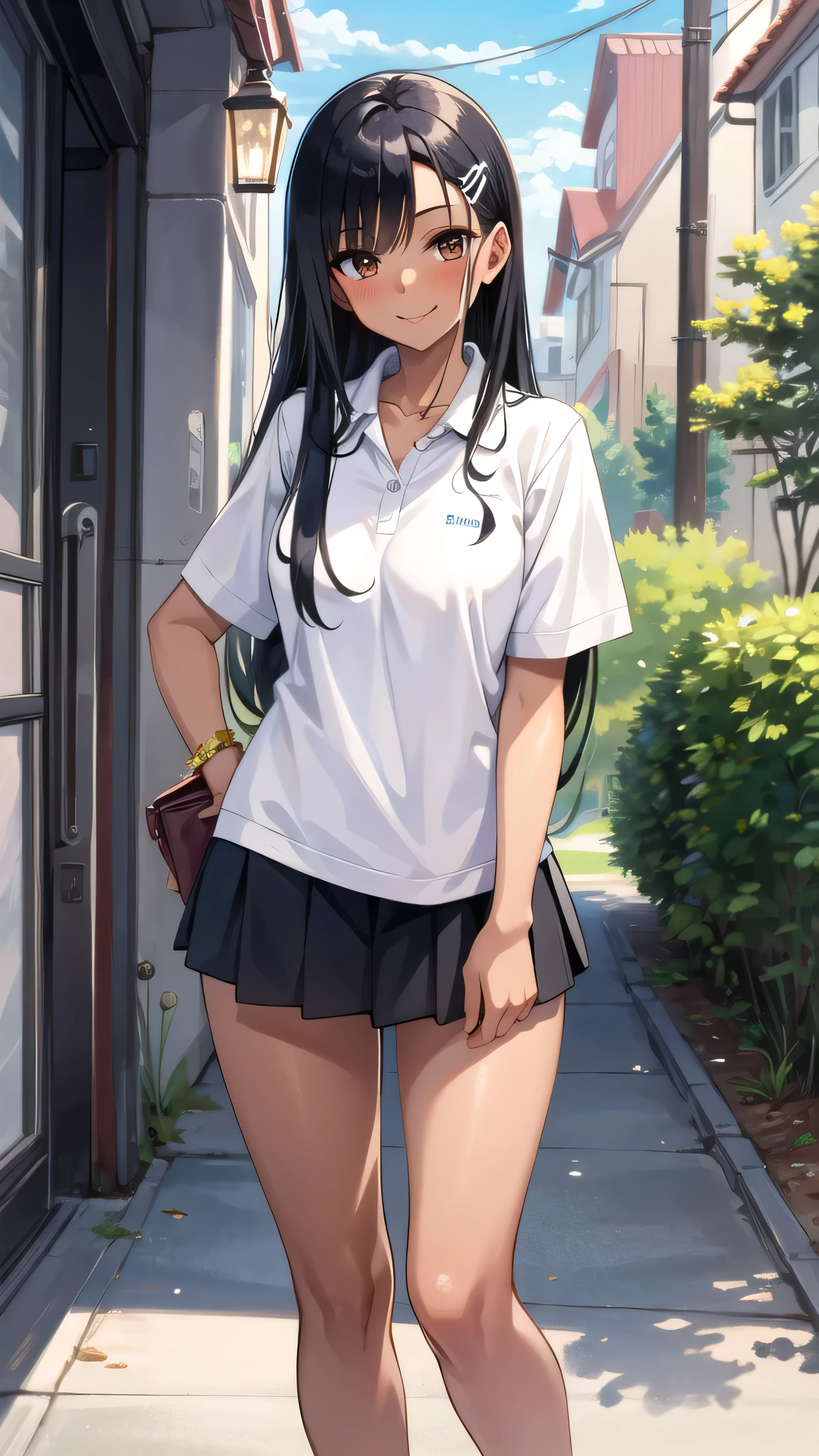 ((best quality)), ((masterpiece)), (details), one girl, sexy ((best quality)), ((masterpiece)), (details), one girl, sexy ((best quality)), ((masterpiece)), (details), one girl, full body, sexy expensive body, expensive, long legs, mature woman, mature, adult, it_nagatoro_main, Hayase Nagatoro, one girl, blushing, alone, uniform polo shirt, short sleeves, black hair,brown eyes, hair accessory, looking at viewer, hair clip, smiling, long hair, dark skinned woman, dark skin, , bangs, daytime, skirt, collared shirt, collarbone, ear clip, mouth closed, tree, asymmetrical bangs, upper body