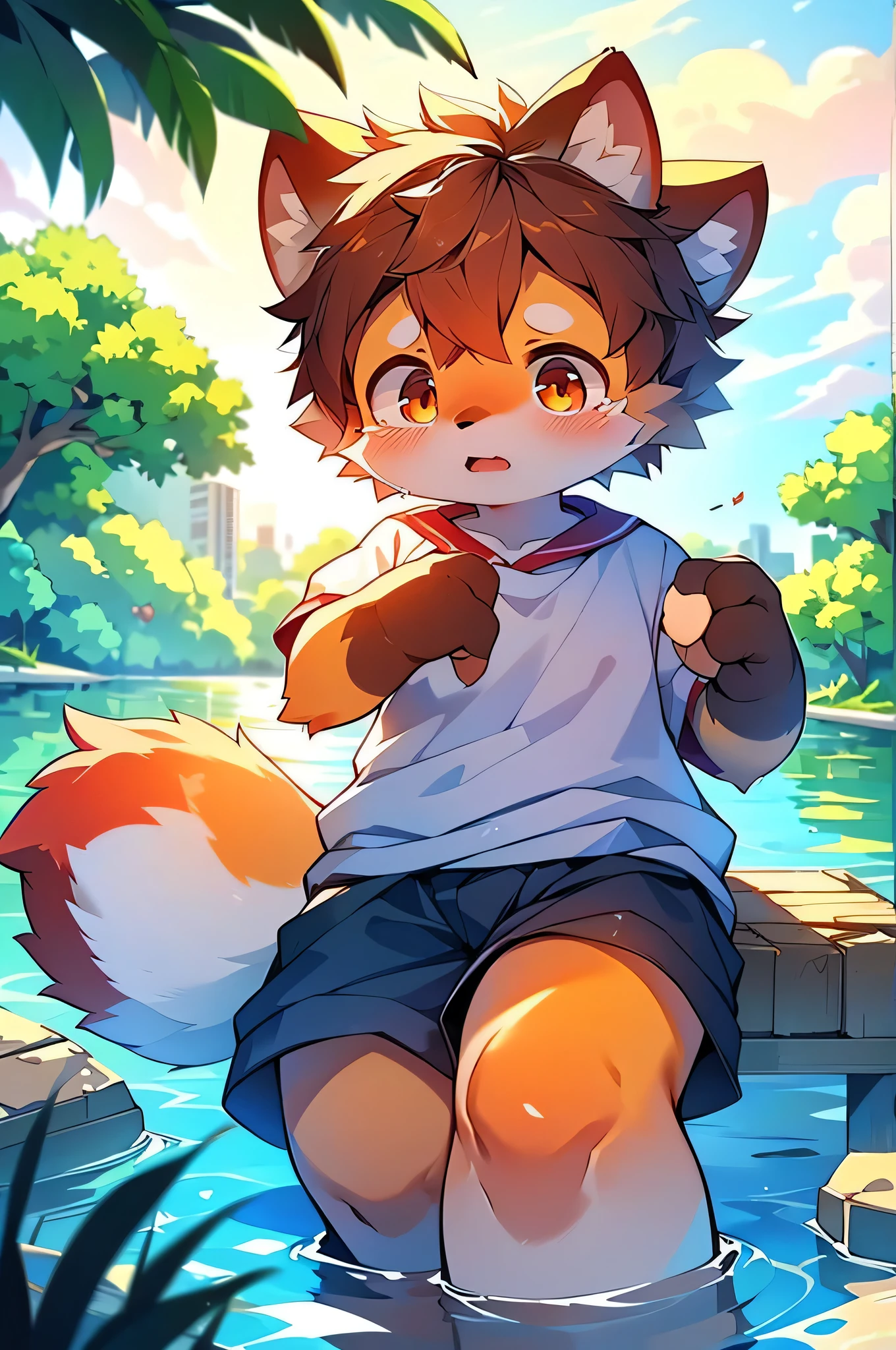 Red Panda Boy,School,student,Ultra-fine,Exact details,4K ultra-vivid,Cute Face,Fluffy fur,Furry,Water Play,swimming,Ocean,Cute art style in anime,( boy)sunset,single,Crying alone,Tears from the eyes,A lot of beautiful tears