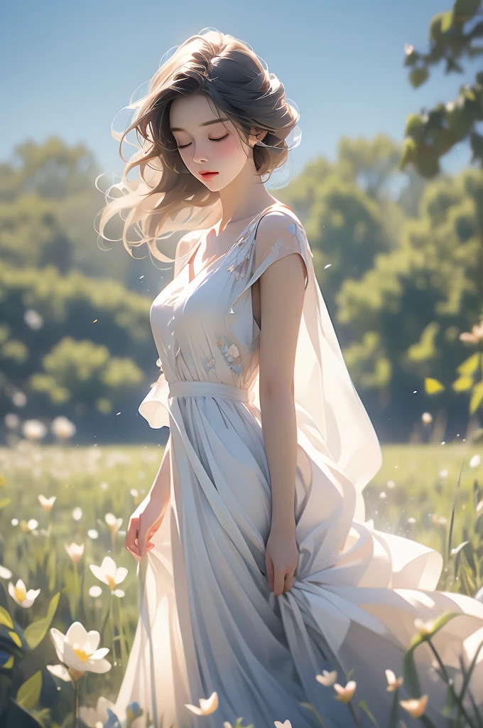 model wearing a white dress stands among a field of flowers and blue sky, 1girl, flower, solo, closed eyes, blurry, blurry foreground, outdoors, realistic