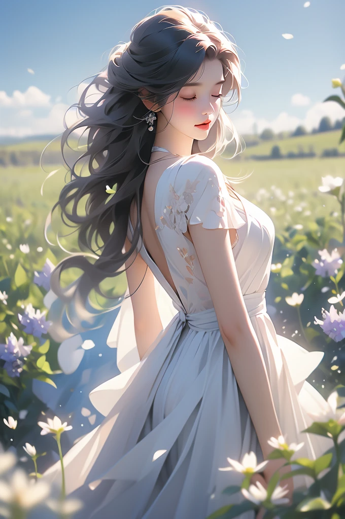 model wearing a white dress stands among a field of flowers and blue sky, 1girl, flower, solo, closed eyes, blurry, blurry foreground, outdoors, realistic