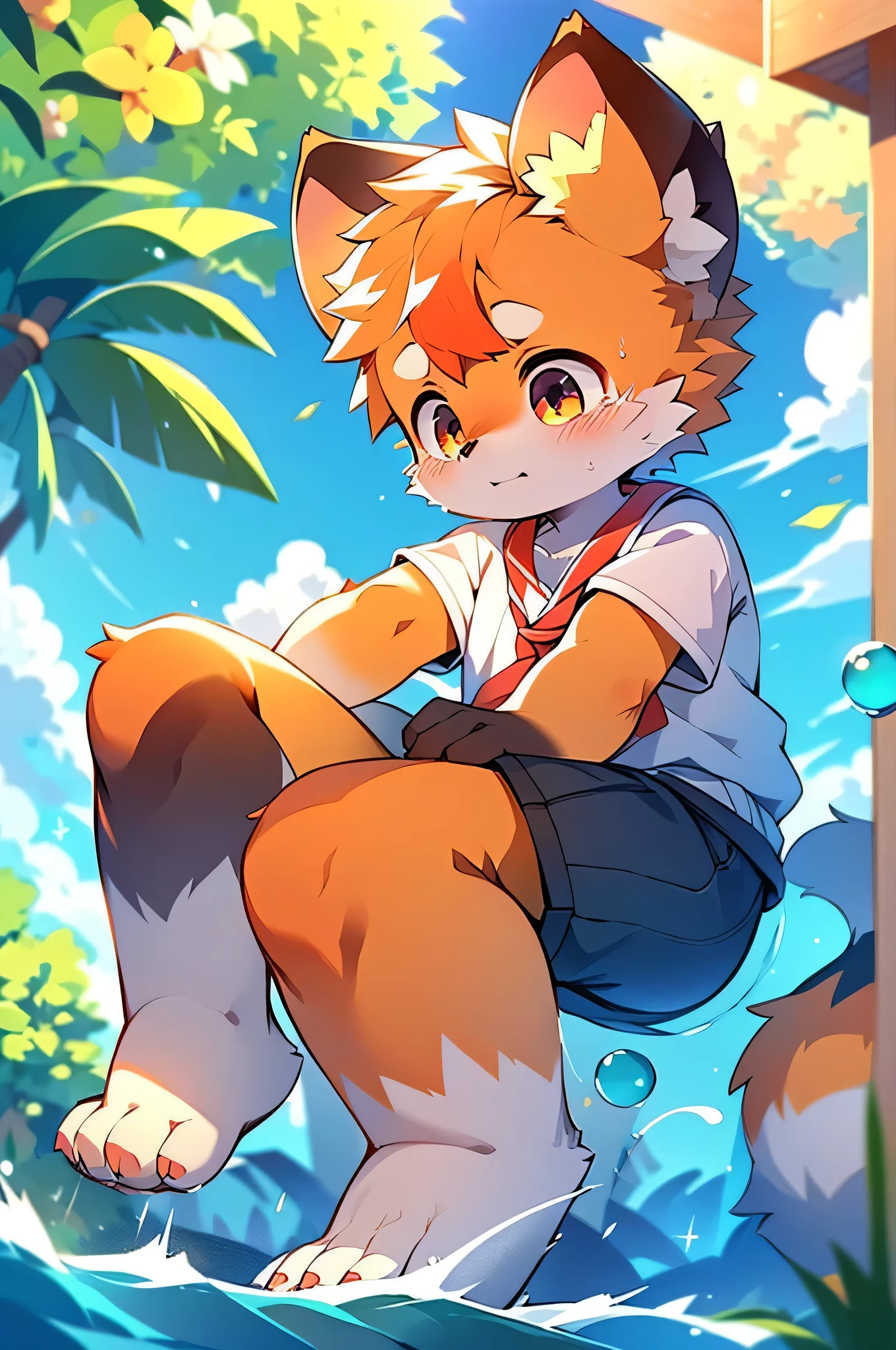 Red Panda Boy,School,student,Ultra-fine,Exact details,4K ultra-vivid,Cute Face,Fluffy fur,Furry,Water Play,swimming,Ocean,Cute art style in anime,(14-year-old boy)sunset,single,Crying alone,Tears from the eyes,A lot of beautiful tears