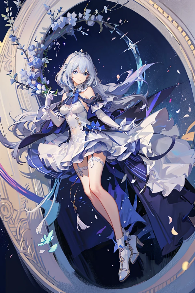 A woman with white hair and blue eyes、adult、Long, fluffy wavy hair、Braiding、Wearing hair ornaments、Smiling、Elegant and ladylike、Elegant、Princess、White gloves、Wearing a cape、White and blue dress、Wave pattern、Decorations such as roses and drops、The dress is short in the front and long in the back、Garter Ring、short boots、water、Fantasy