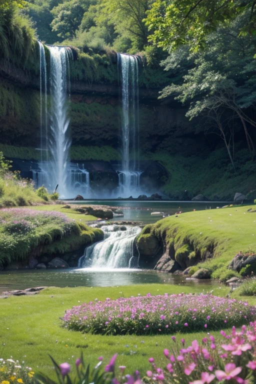 create a prompt of a beautiful green field with several trees, flowers of different colors and a waterfall in the center of the image, best quality image