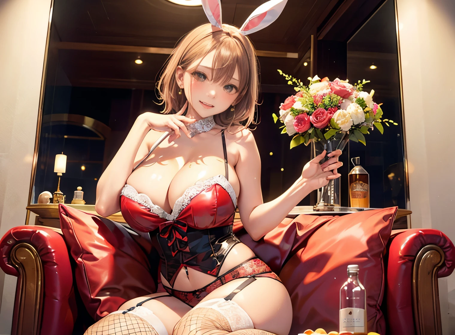 The beauty of Sitting on the bright red sofa in the lounge, Slender body, Super big breasts magical cleavage, Highest quality),
1 girl, Take off, Sitting, wariza, Lower Body, Tilt your head, Orange juice on the table, Bottle, dish,
Break Girl, 35, (change:1.5), Grey Eyes, Highly detailed eyes, (Huge breasts:1.1), Saggy breasts, (We say:1.3), smile, Blushing your nose, sleepy, Grin, Open your mouth,BREAK 、((Bunny girl , Fishnet tights, garter belt、Lots of earrings、rock)), Sticking out tongue、Beautiful female body、((Glowing Skin、Dripping sweat、Oilskin,Glowing Skin、Realistic skin texture、Beautiful skin in every detail、Glowing Skin、Glowing White Skin))、開脚
BREAK Shiny enamel fabric clothing、Beautiful female body、Alluring cleavage、
Rest rooms, , night,
