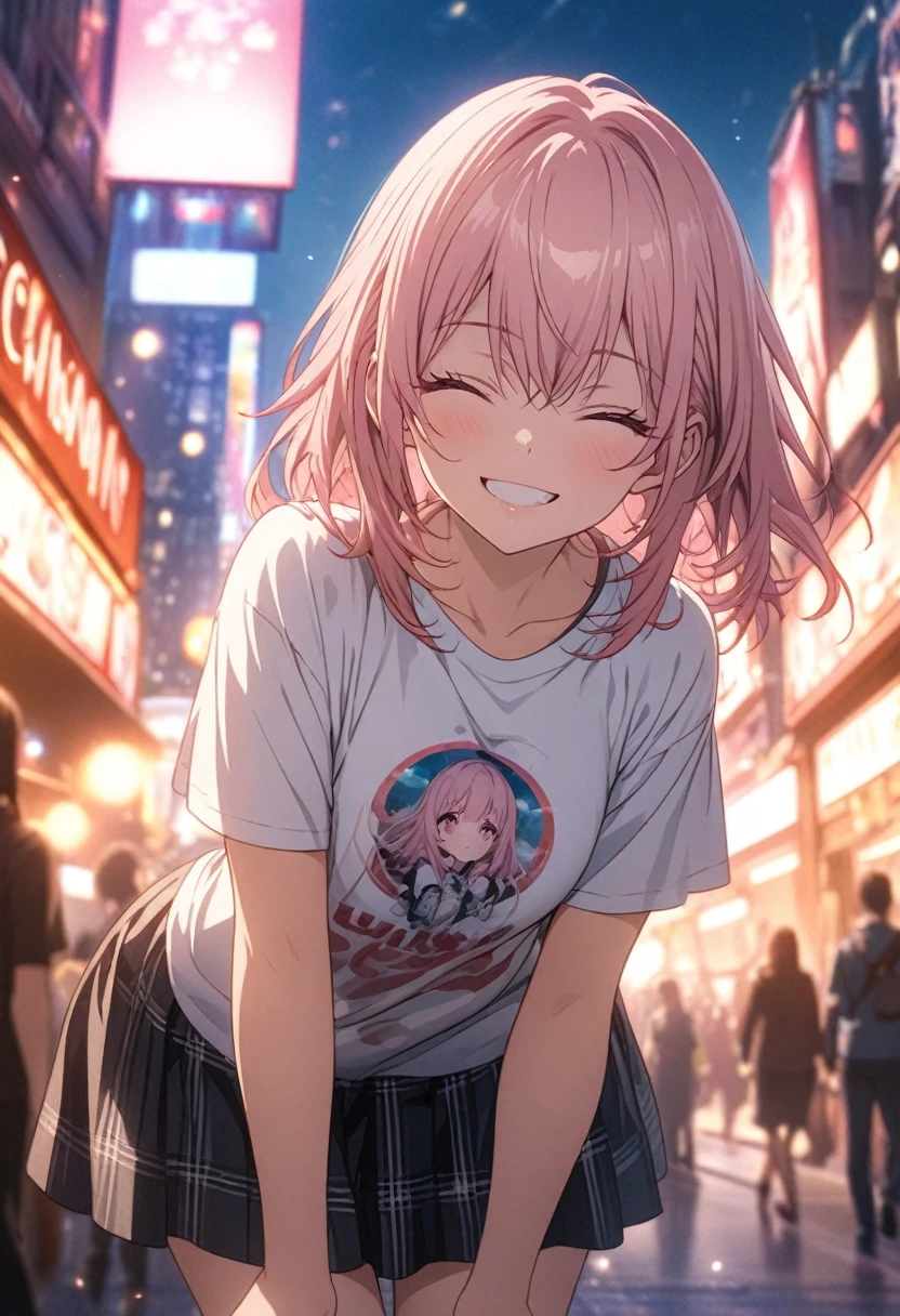 masterpiece, Highest quality, Highly detailed CG Unity 8K wallpapers, High School Girl Anime Illustration, Red and black checked skirt, An oversized t-shirt that reaches up to the knees、piece sign、she has her eyes closed and mouth open, smile. The background is a realistic city, Pink Hair Color, Pink Eyes, Pink eyelashes, Cowboy Shot, morning, bokeh photography, (soft focus):1.2, out-of-focus highlights, dreamy ambiance, glowing circles, mesmerizing depth