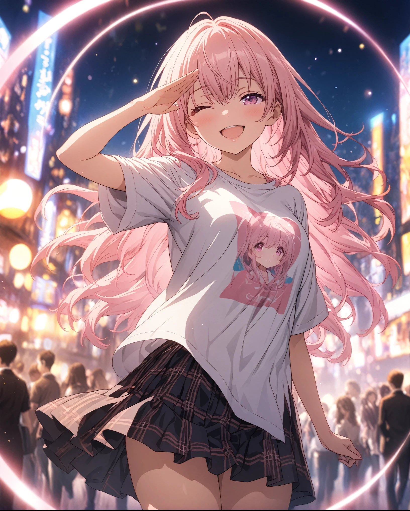masterpiece, Highest quality, Highly detailed CG Unity 8K wallpapers, High School Girl Anime Illustration, Red and black checked skirt, An oversized t-shirt that reaches up to the knees、salute、she has her eyes closed and mouth open, smile. The background is a realistic city, Pink Hair Color, Pink Eyes, Pink eyelashes, Cowboy Shot, bokeh photography, (soft focus):1.2, out-of-focus highlights, dreamy ambiance, glowing circles, mesmerizing depth