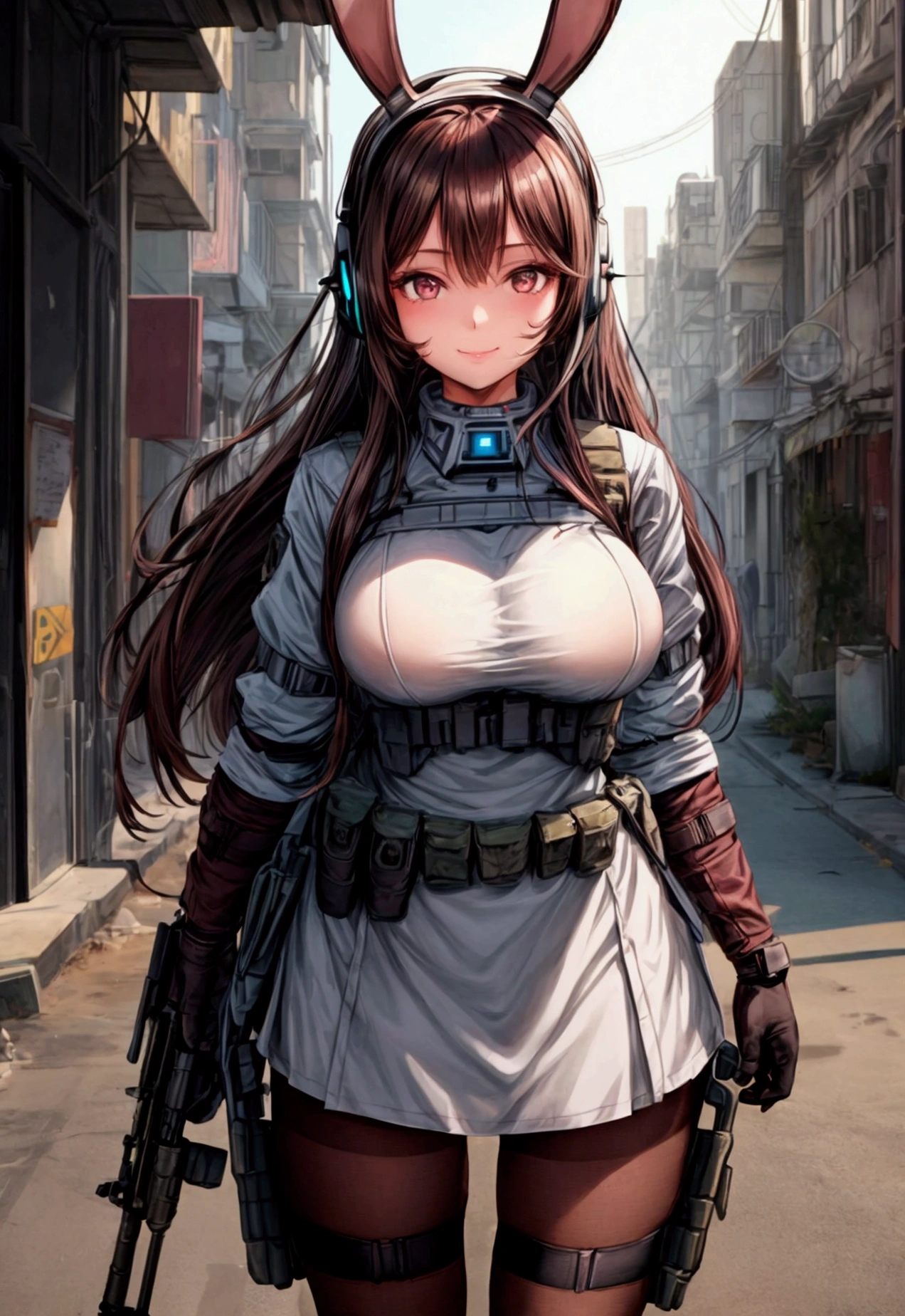 ((1girl)),  super fine illustration, vibrant colors, absurdres extremely detailed CG, 8k wallpaper, (masterpiece:1.3), dynamic angle, dynamic pose, 
best quality, depth of field, cinematic lighting, ultra detailed, ((dark brown long hair)), very straight hair, large breast, white knit dress , 20yo, cute, very baby face, brown eyes, kawaii, tender smile, droopy eyes, combat, sci-fi rabbit ear mechanical headset,  plate carrier, padded combat glove, pink maid uniform, white thighhighs pantyhose, aiming rifle, modern military heavy machine gun:1.4, ruin city, Post-apocalypse