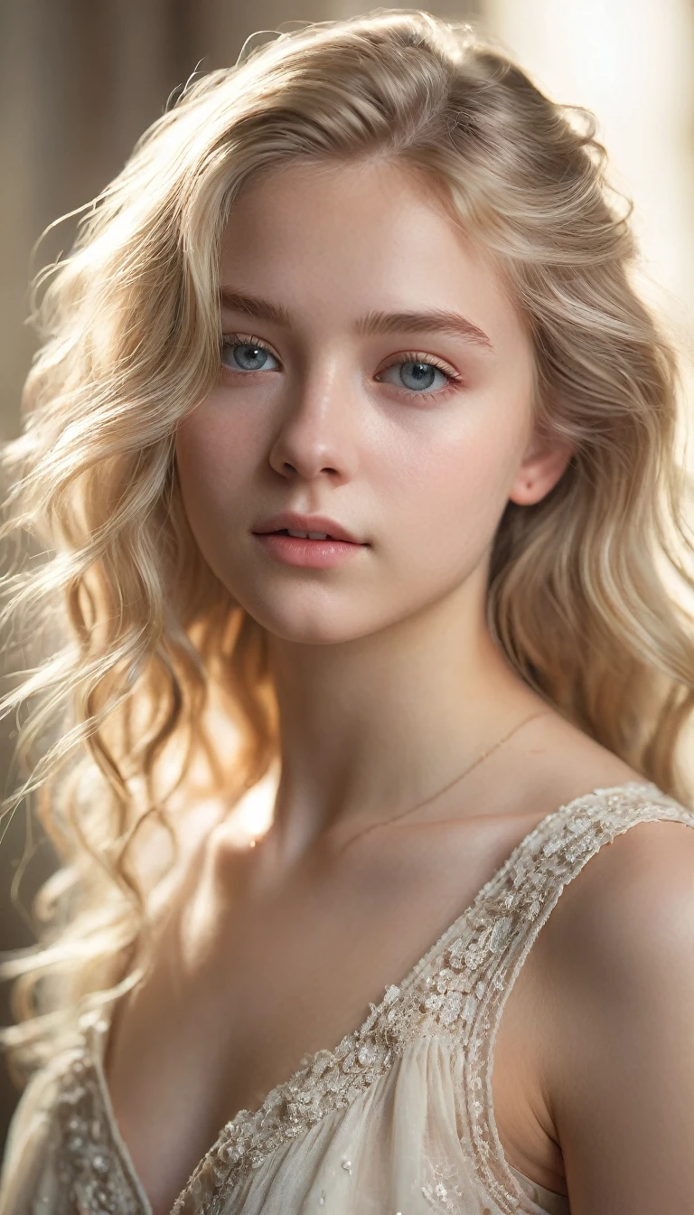 blonde girl, 18 years old, , detailed face, beautiful eyes, small breasts, photorealistic, high quality, intricate details, natural lighting, cinematic angle, whimsical mood, soft color palette, dreamlike atmosphere, ethereal beauty, delicate features, radiant skin, flowing hair, elegant pose, serene expression