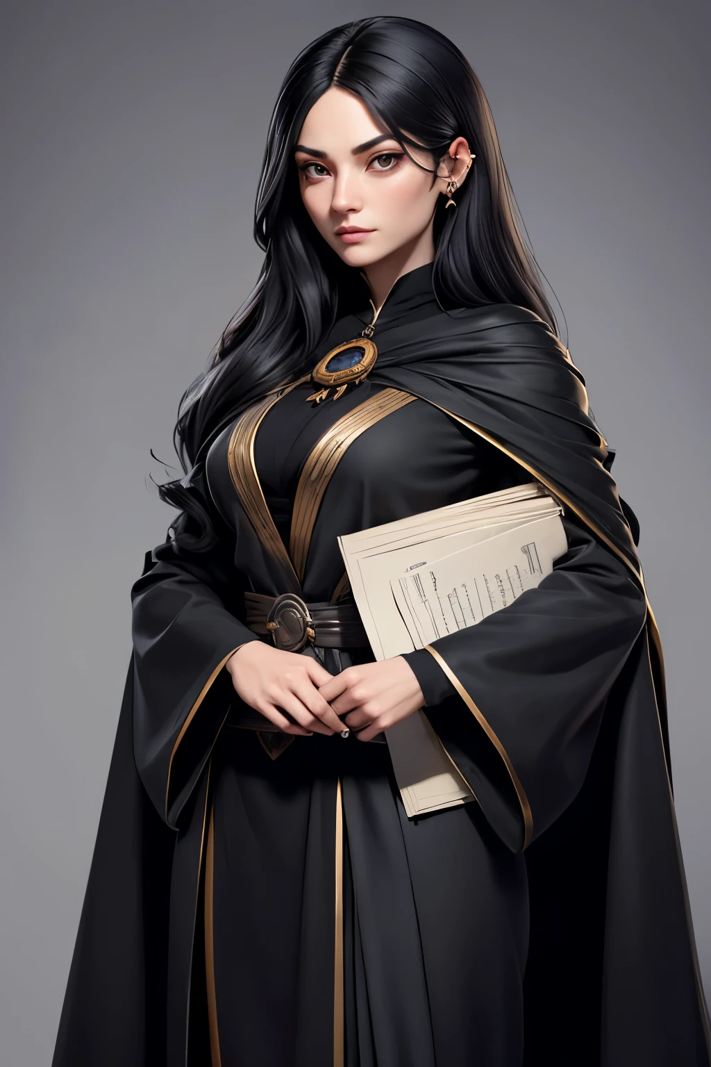 A mysterious woman with gray skin, around 30 years old, with long black hair, Piercing and serious eyes. Wear dark and simple clothes. Keep secret library files, black and gold ceremonial robes, carrying papers, using a simple monocle