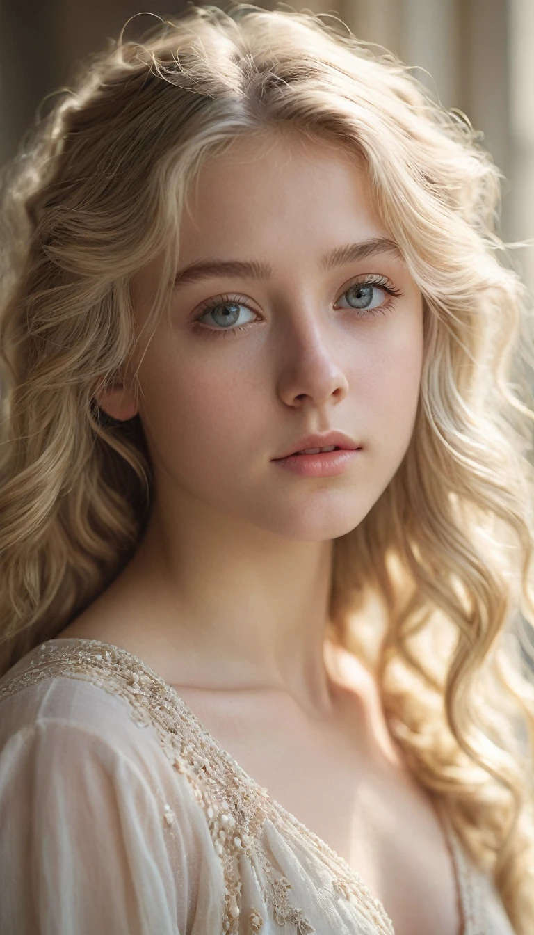 blonde girl, 18 years old, , detailed face, beautiful eyes, small breasts, photorealistic, high quality, intricate details, natural lighting, cinematic angle, whimsical mood, soft color palette, dreamlike atmosphere, ethereal beauty, delicate features, radiant skin, flowing hair, elegant pose, serene expression