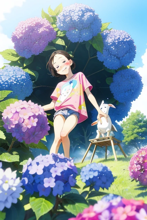 (Superflat, Flat Shading), 1 girl，，Baby Face，Vestature，very small flat chest，Very flat chest that looks like it might expand，Very thin limbs，Very thin thighs，Oversized long hem print T-shirt，sneakers， camp site，Pee stains:1.2，Glasses，smile，blush，A little embarrassed，early summer，Hydrangea flowers，blue sky，bright，Low Angle，From below，bright色，watercolor，Ghibli style，Accurate and detailed female fingers，