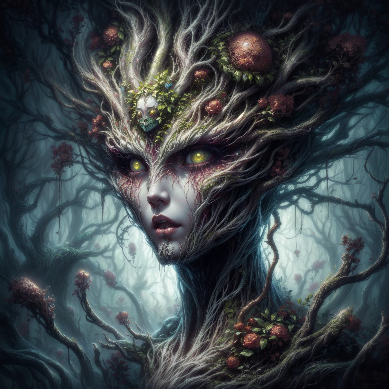 a close up of a woman with a strange face and a tree, portrait of a dryad, dryad, ent treant dryad, inspired by tomasz alen kopera, humanoid flora, fantasy horror art, horror fantasy art, tomasz alen kopera and cgsociety, lolth, alien woman, forest dryad