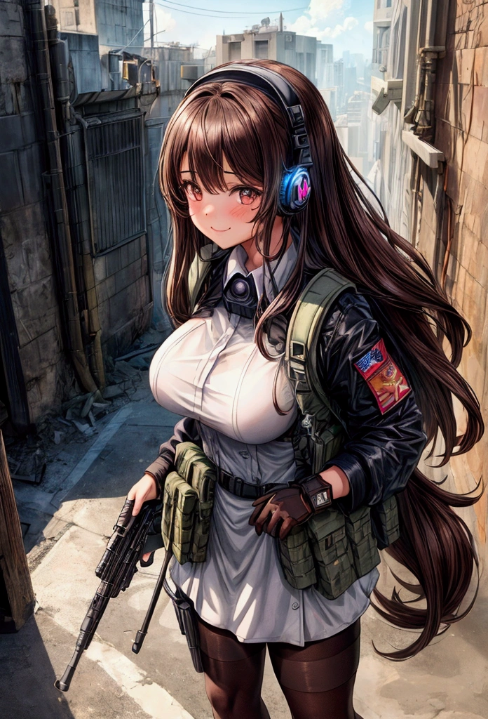 ((1girl)), super fine illustration, vibrant colors, absurdres extremely detailed CG, 8k wallpaper, (masterpiece:1.3), dynamic angle, dynamic pose,
best quality, depth of field, cinematic lighting, ultra detailed, ((dark brown long hair)), very straight hair, large breast, white knit dress , 20yo, cute, very baby face, brown eyes, kawaii, tender smile, droopy eyes, combat, sci-fi rabbit ear mechanical headset, military pouch, padded combat glove, pink maid uniform, white thighhighs pantyhose, aiming rifle, modern military heavy machine gun:1.4, ruin city, Post-apocalypse