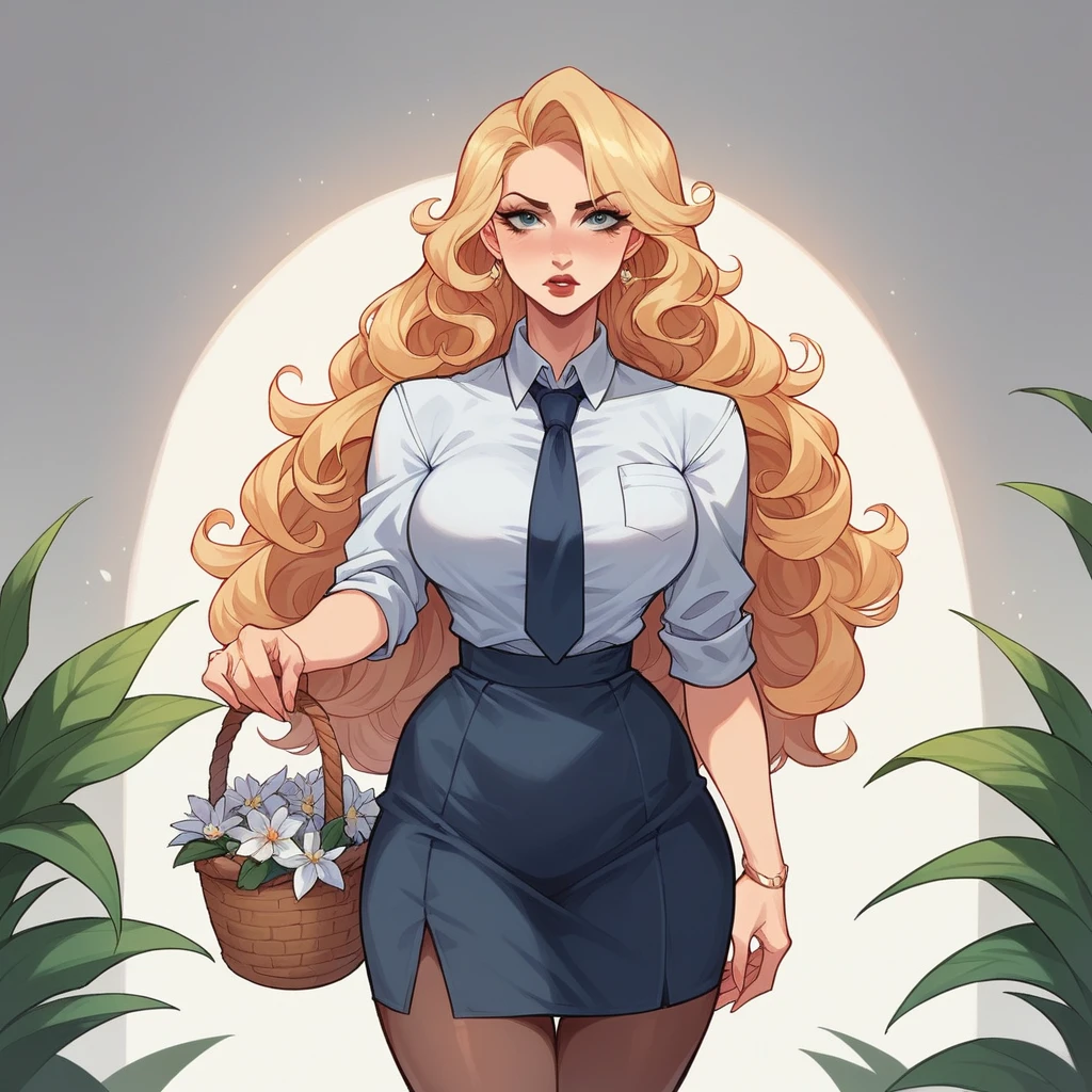 Beautiful woman 25 years old, not very high, long curly light blonde hair, Thin waist, big tits, well-shaped and large hips. She wears a secretary uniform with a tie, she is very upset, a basket of flowers and gift boxes are in his folder, Office