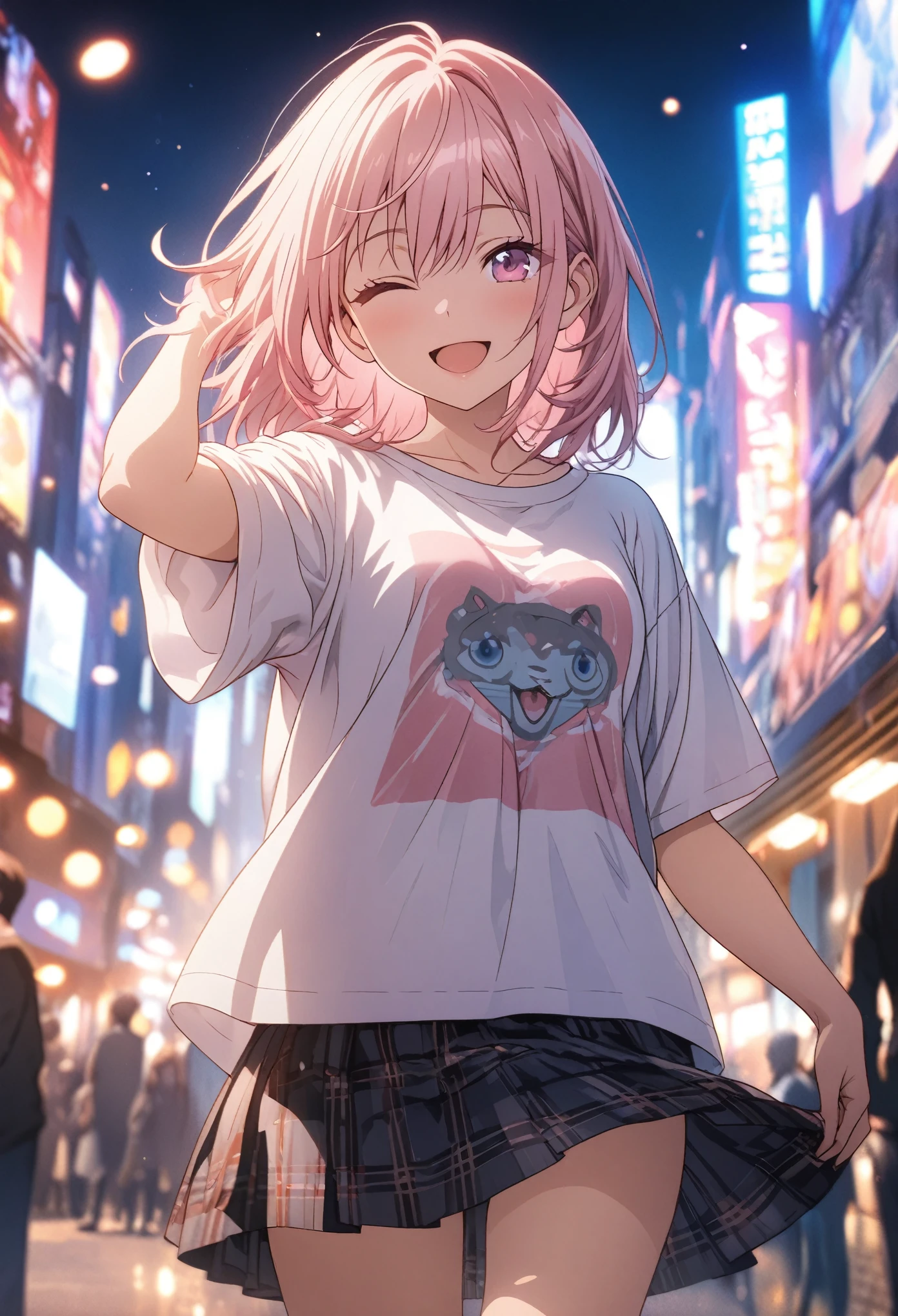 masterpiece, Highest quality, Highly detailed CG Unity 8K wallpapers, High School Girl Anime Illustration, Red and black checked skirt, An oversized t-shirt that reaches up to the knees、piece sign、she has her eyes closed and mouth open, smile. The background is a realistic city, Pink Hair Color, Pink Eyes, Pink eyelashes, Cowboy Shot, morning, bokeh photography, (soft focus):1.2, out-of-focus highlights, dreamy ambiance, glowing circles, mesmerizing depth